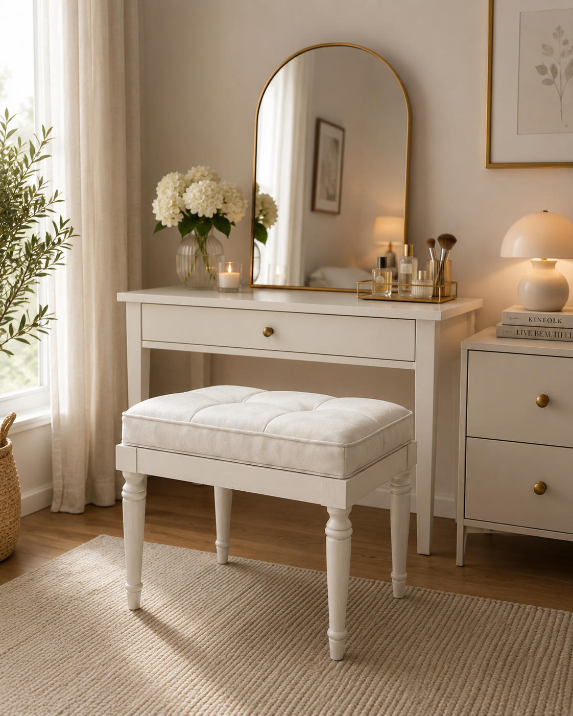 Alberohome Kapitoneli Bench Puf 60x40 cm – Klasik Ayaklı Oturma Pufu