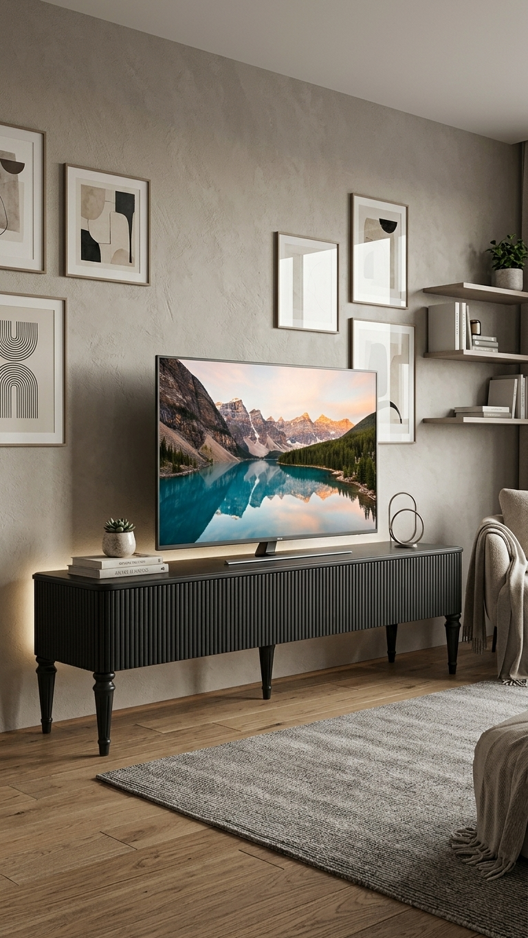 Alberohome Siyah Ahşap TV Ünitesi 200 x 45 x 50 cm – Modern Çizgili Tasarım