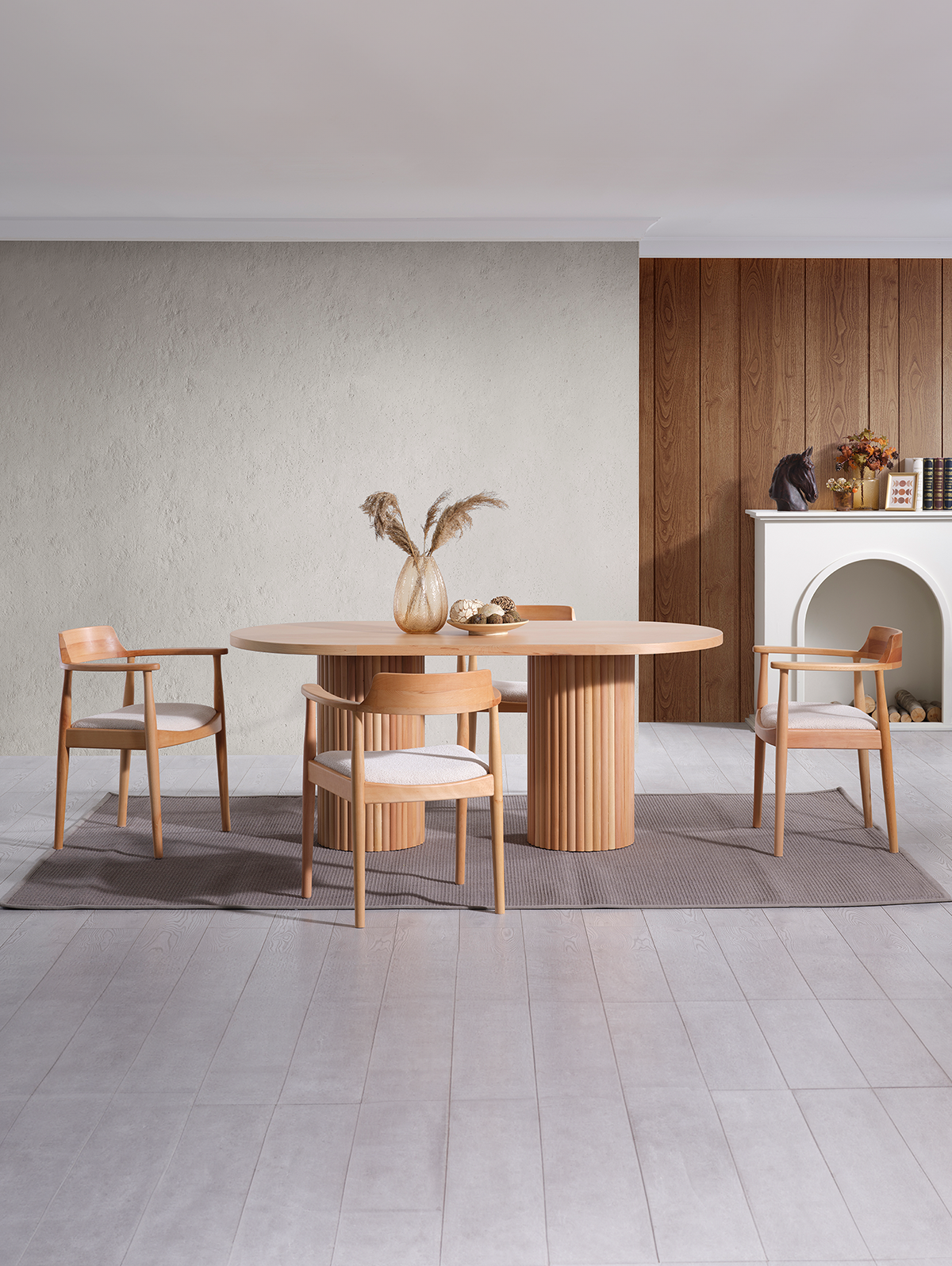 Alfa Naturel Renk Oval Ahşap Masa Takımı 170x90 Cm - 4 Naturel Renk Kolçaklı Sandalye Bohem & İskandinav Şık Tasarım