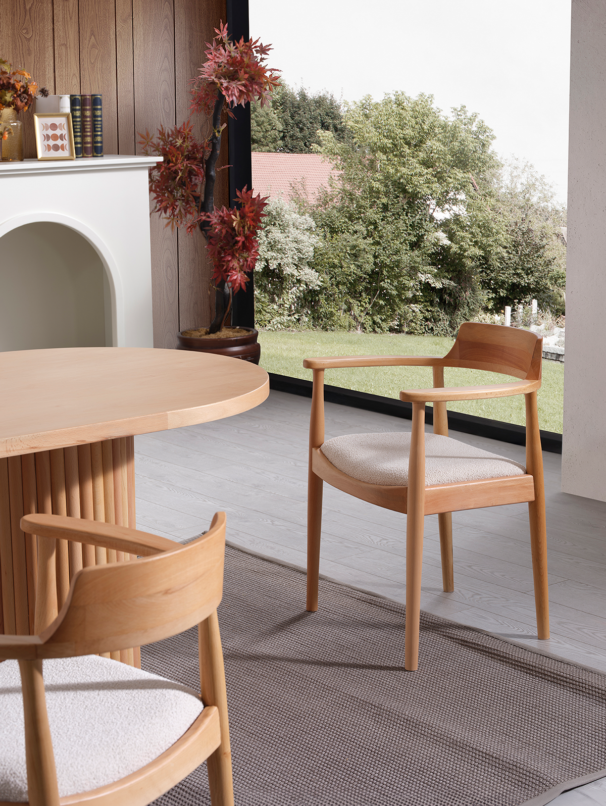 Alfa Naturel Renk Oval Ahşap Masa Takımı 170x90 Cm - 4 Naturel Renk Kolçaklı Sandalye Bohem & İskandinav Şık Tasarım