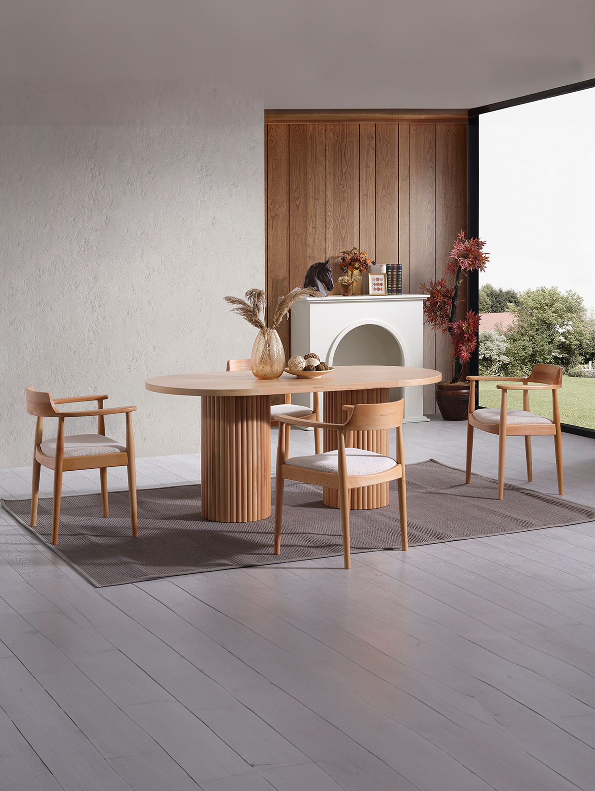 Alfa Naturel Renk Oval Ahşap Masa Takımı 170x90 Cm - 4 Naturel Renk Kolçaklı Sandalye Bohem & İskandinav Şık Tasarım