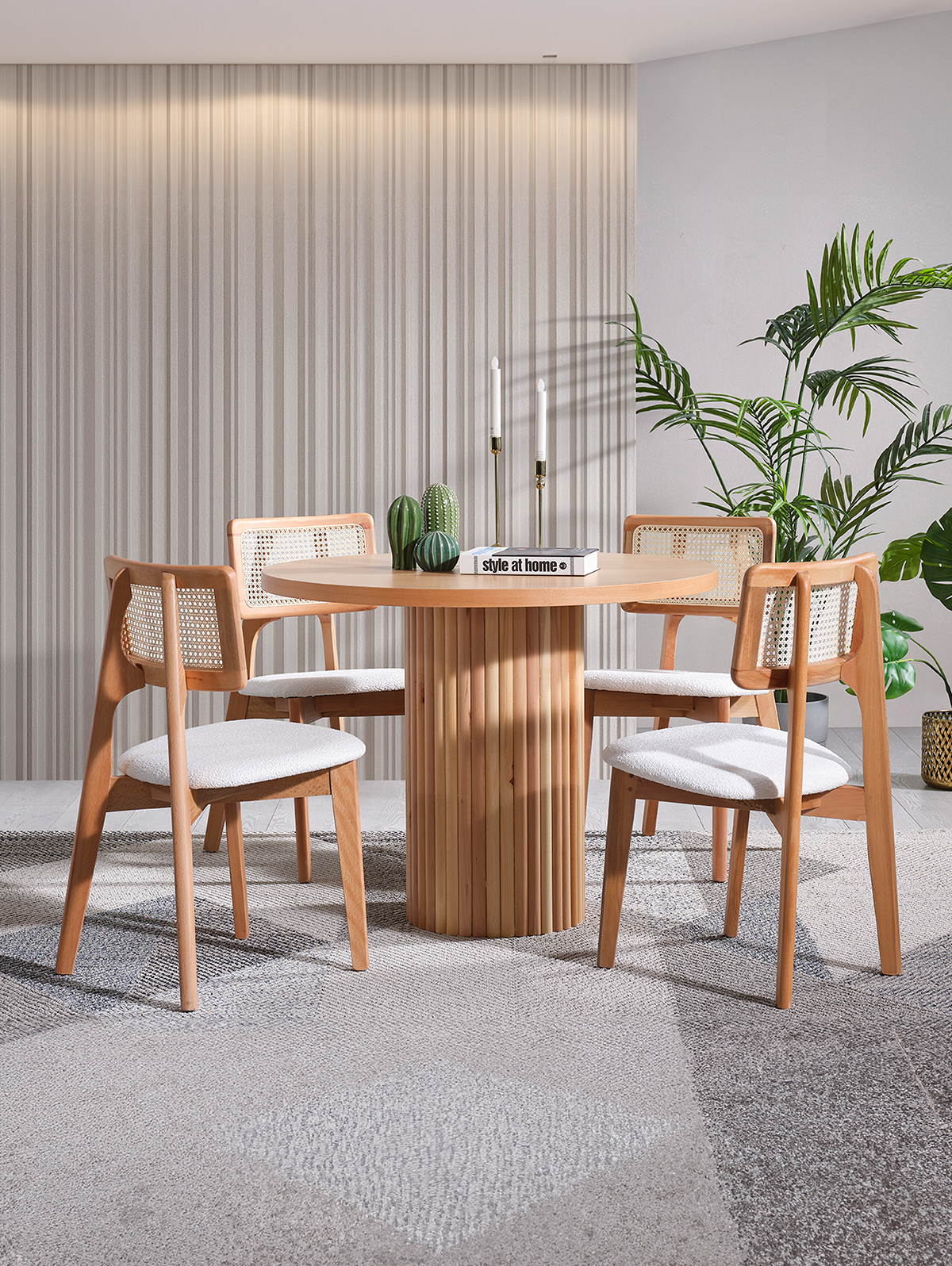 Melodi Naturel Renk Ahşap Yuvarlak Masa Takımı 100x100 cm - 4 Naturel Hazeranlı Sandalye Bohem & İskandinav Şık Tasarım