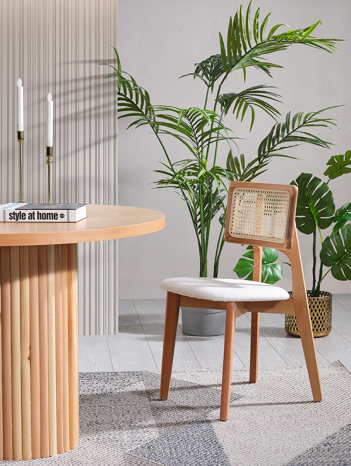 Melodi Naturel Renk Ahşap Yuvarlak Masa Takımı 110x110 cm - 4 Naturel Hazeranlı Sandalye Bohem & İskandinav Şık Tasarım