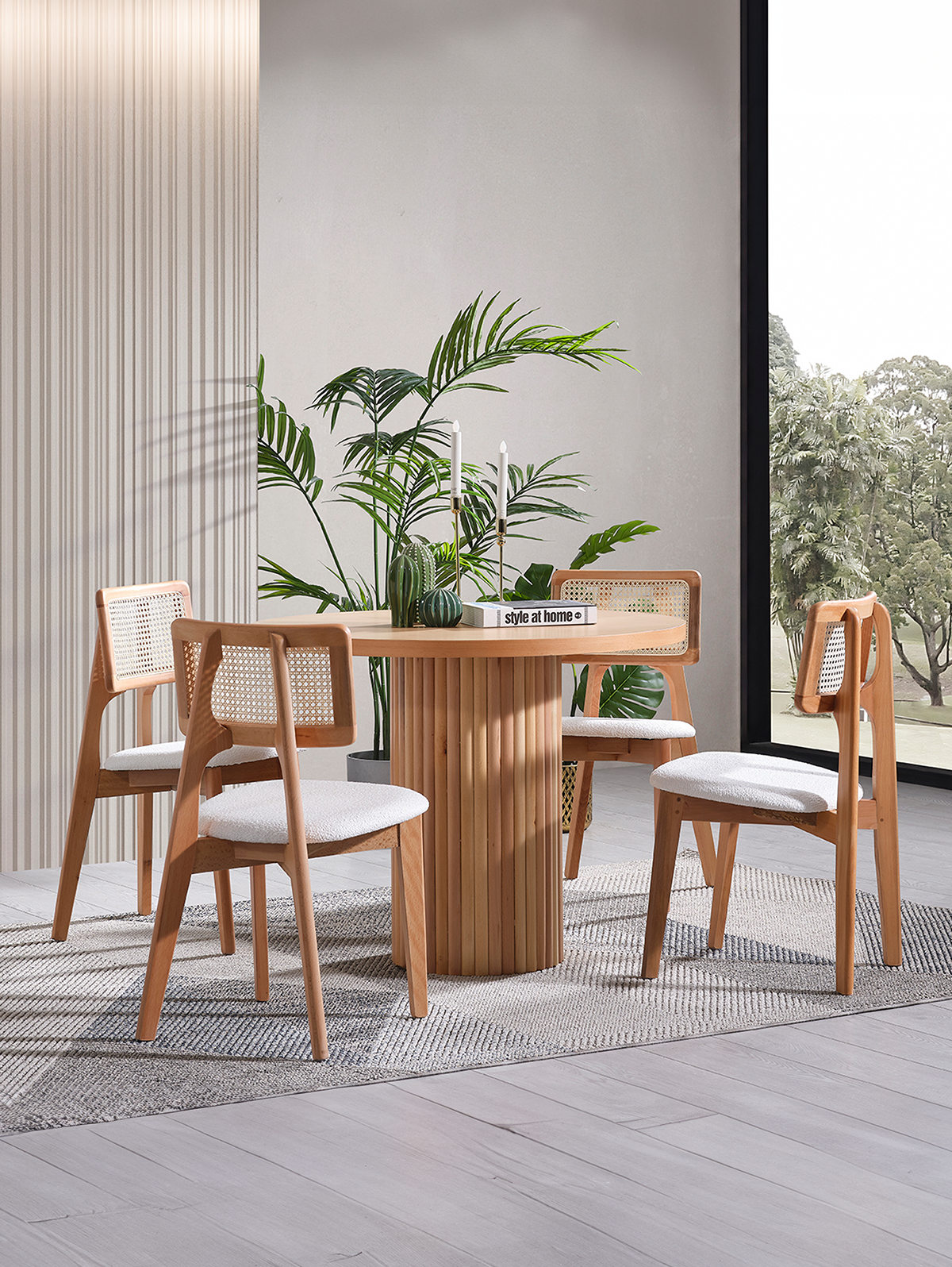 Melodi Naturel Renk Ahşap Yuvarlak Masa Takımı 100x100 cm - 4 Naturel Hazeranlı Sandalye Bohem & İskandinav Şık Tasarım