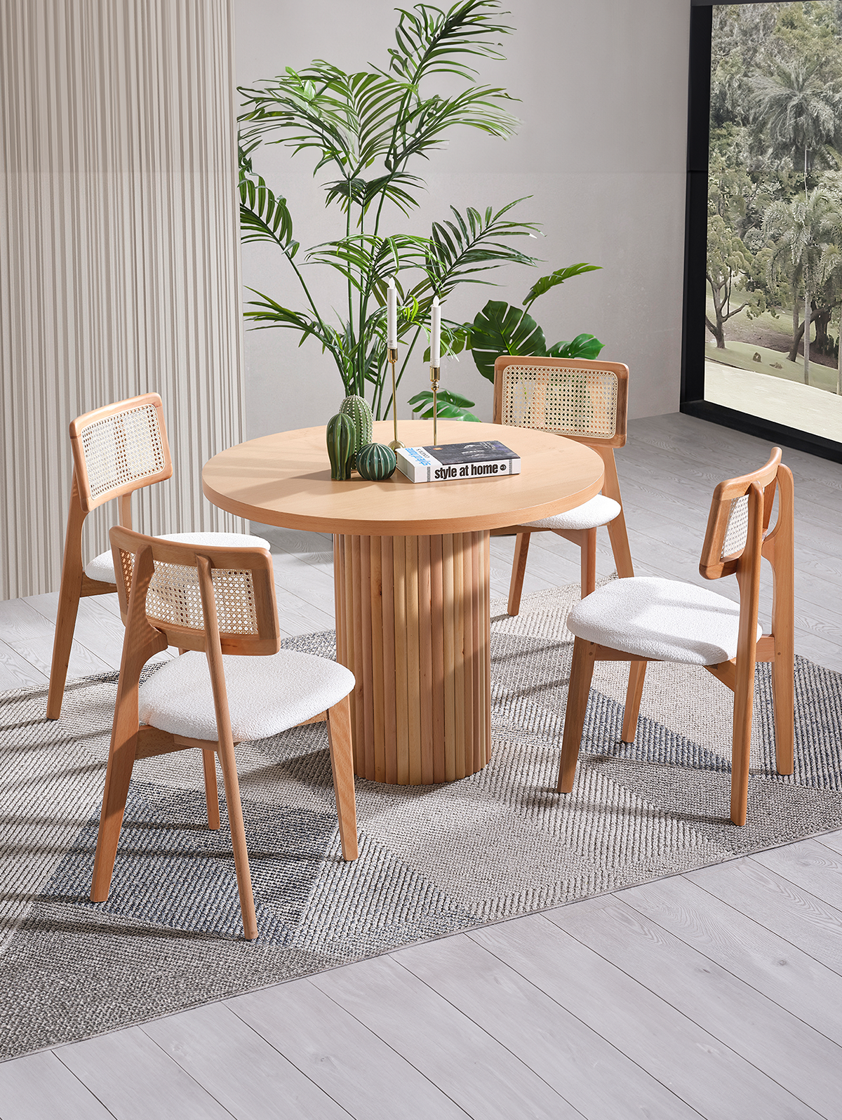 Melodi Naturel Renk Ahşap Yuvarlak Masa Takımı 90x90 cm - 4 Naturel Hazeranlı Sandalye Bohem & İskandinav Şık Tasarım