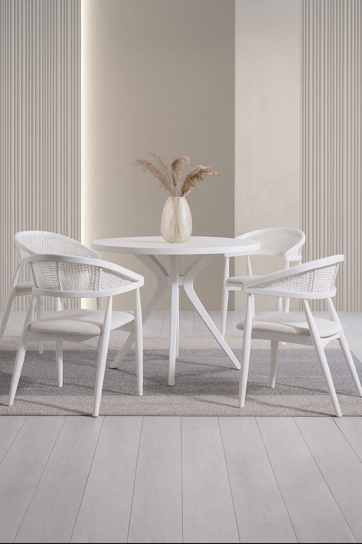 Asos Doğal Ahşap Beyaz Renk Masa Takımı 100x100 Cm - 4 Adet Beyaz Hazeranlı Sandalye Bohem & İskandinav Şık Tasarım  