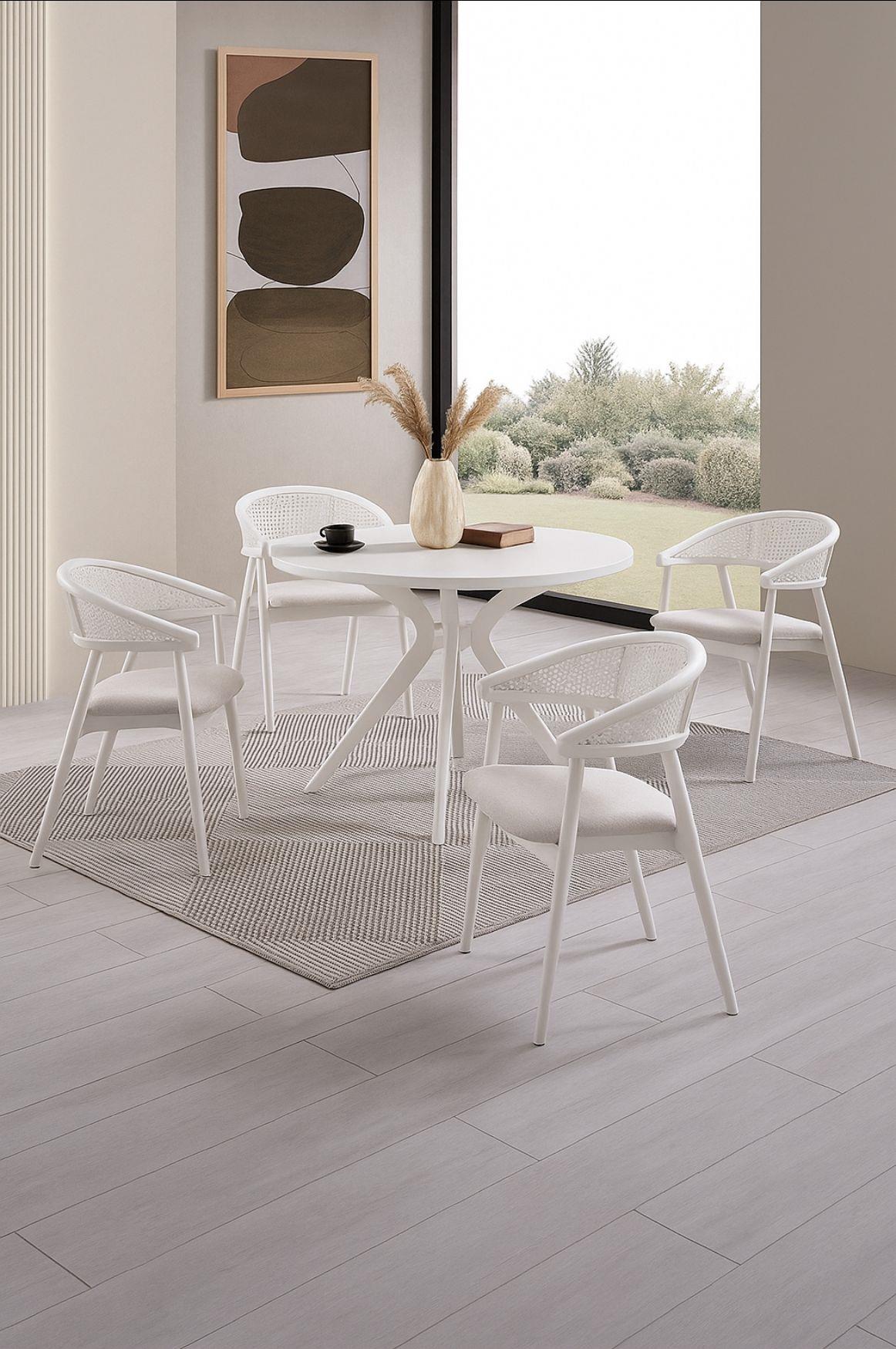 Asos Doğal Ahşap Beyaz Renk Masa Takımı 100x100 Cm - 4 Adet Beyaz Hazeranlı Sandalye Bohem & İskandinav Şık Tasarım  