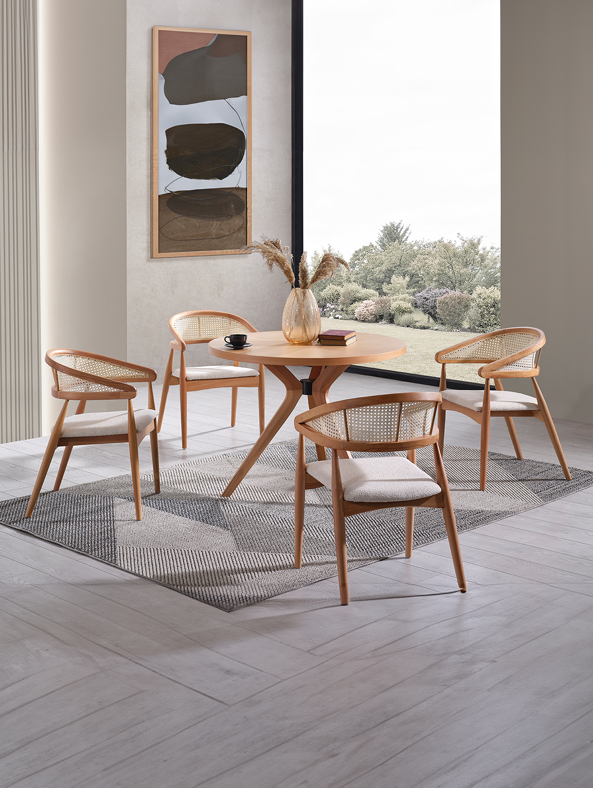 Asos Naturel Renk Yuvarlak Ahşap Masa Takımı 110x110 Cm - 4 Naturel Renk Hazeranlı Sandalye Bohem & İskandinav Şık Tasarım