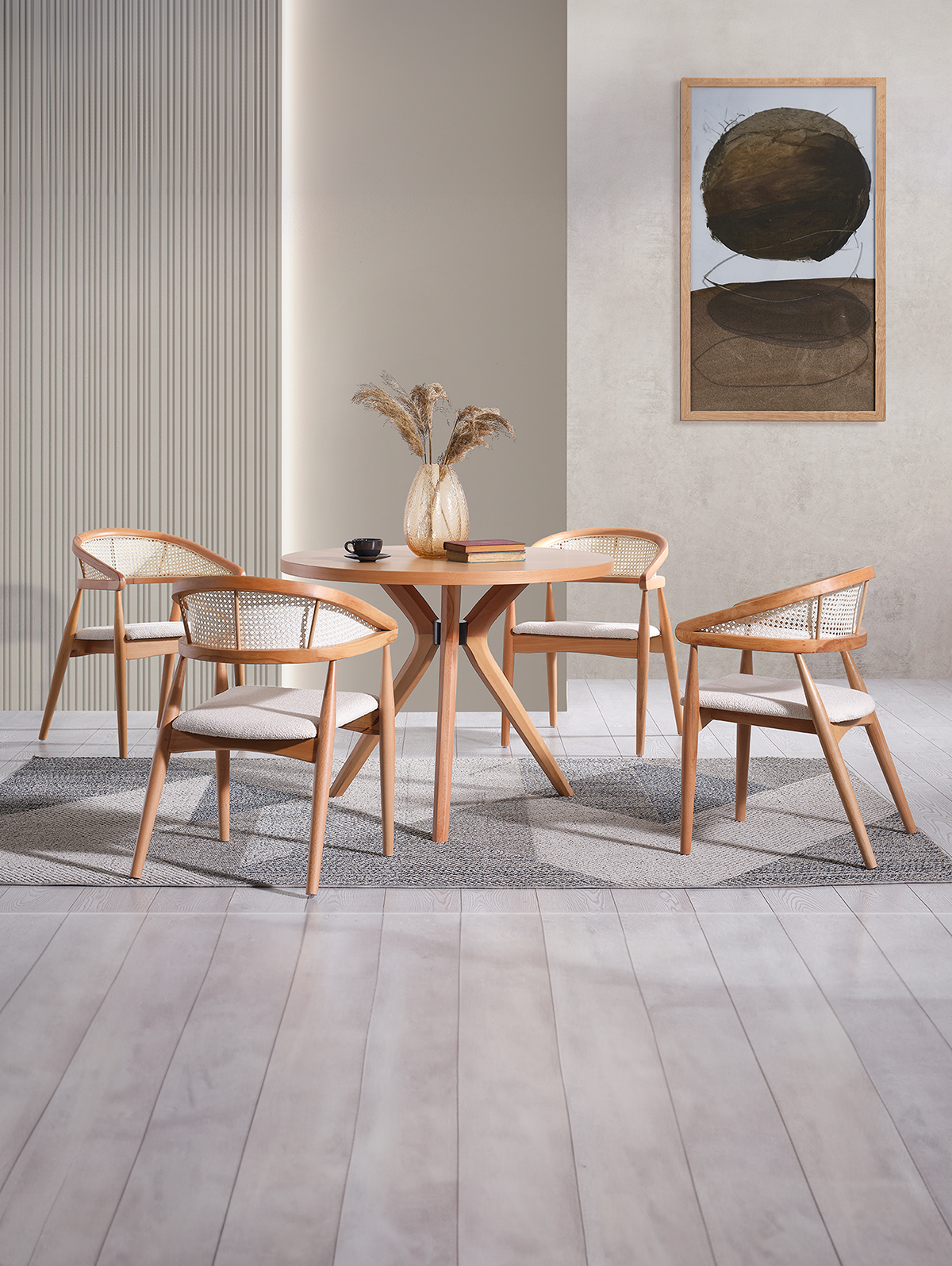 Asos Naturel Renk Yuvarlak Ahşap Masa Takımı 90x90 Cm - 4 Naturel Renk Hazeranlı Sandalye Bohem & İskandinav Şık Tasarım