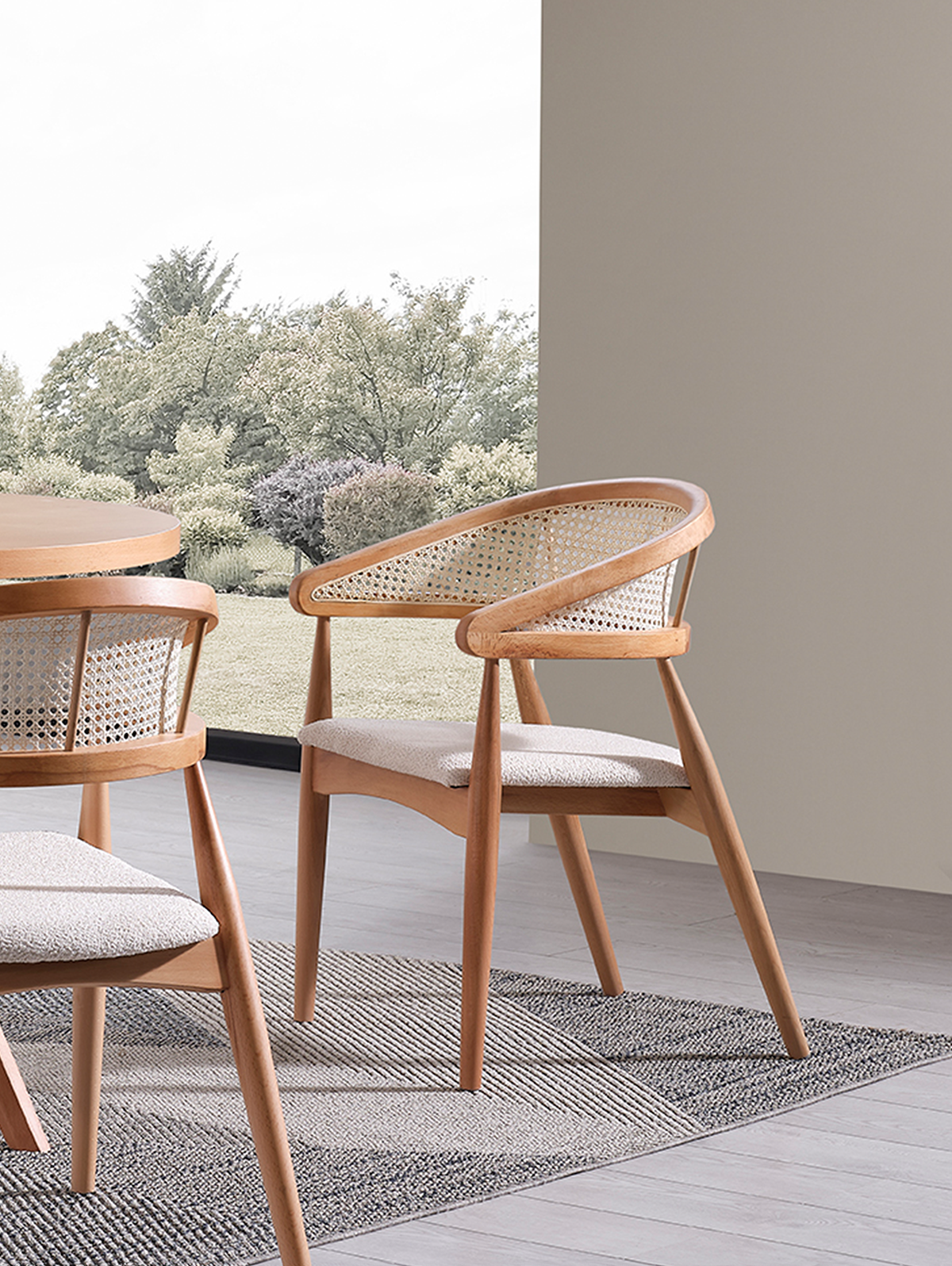 Asos Naturel Renk Yuvarlak Ahşap Masa Takımı 90x90 Cm - 4 Naturel Renk Hazeranlı Sandalye Bohem & İskandinav Şık Tasarım