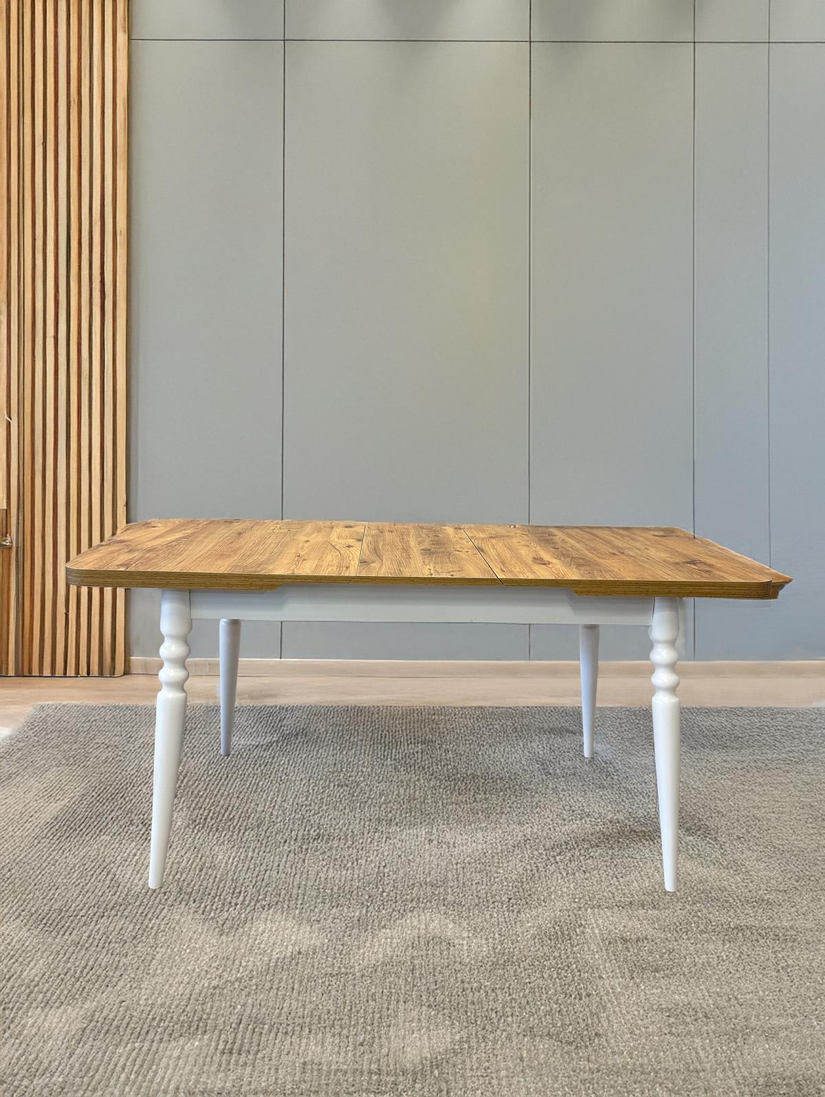 Begonvil Çizilmez Naturel Meşe Tabla Beyaz Ayak Dikdörtgen Açılır Masa Takımı 70x127 cm - 4 Ad Beyaz Sandalyeli Şık Tasarım