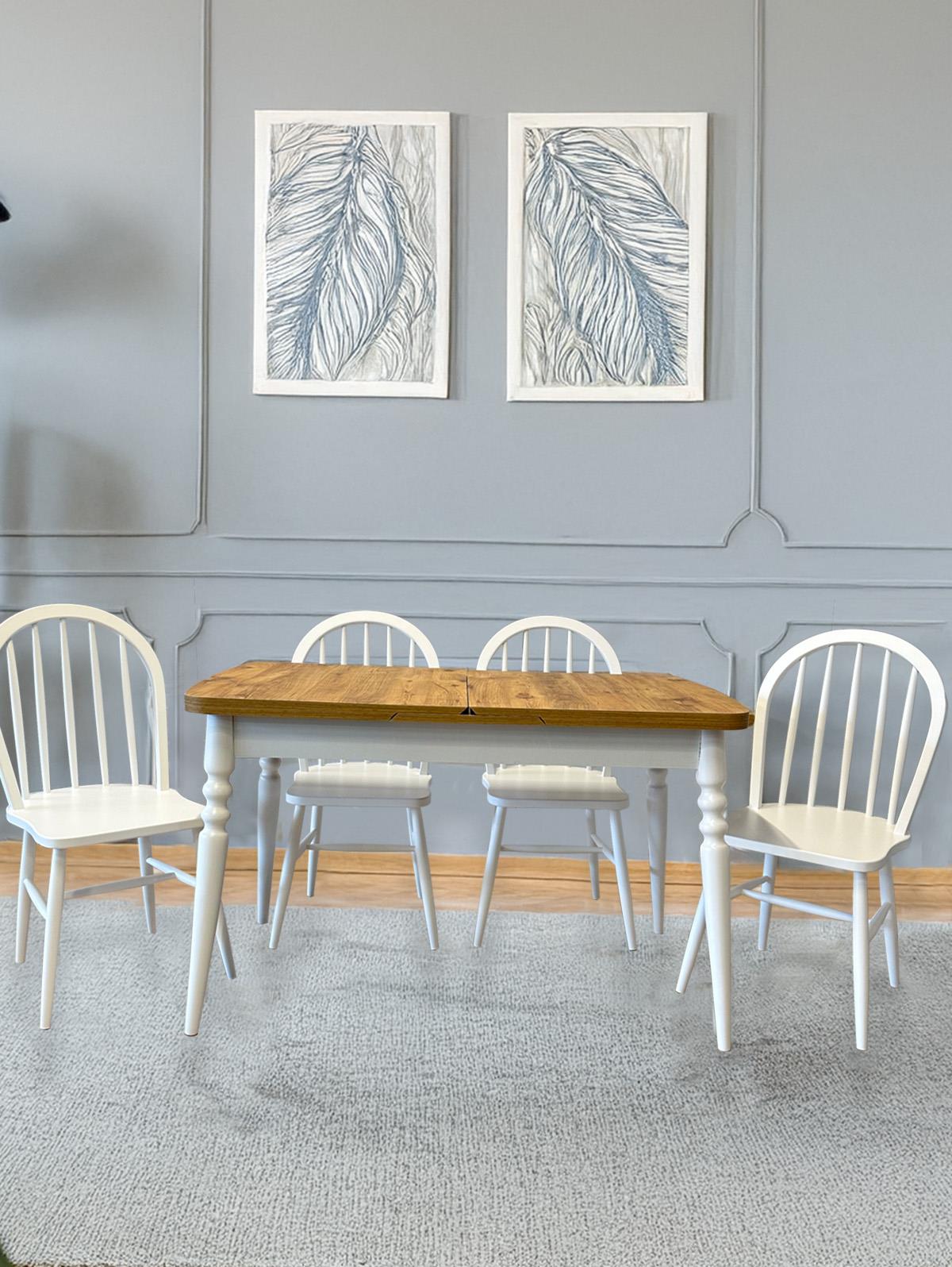 Begonvil Çizilmez Naturel Meşe Tabla Beyaz Ayak Dikdörtgen Açılır Masa Takımı 70x127 cm - 4 Ad Beyaz Sandalyeli Şık Tasarım