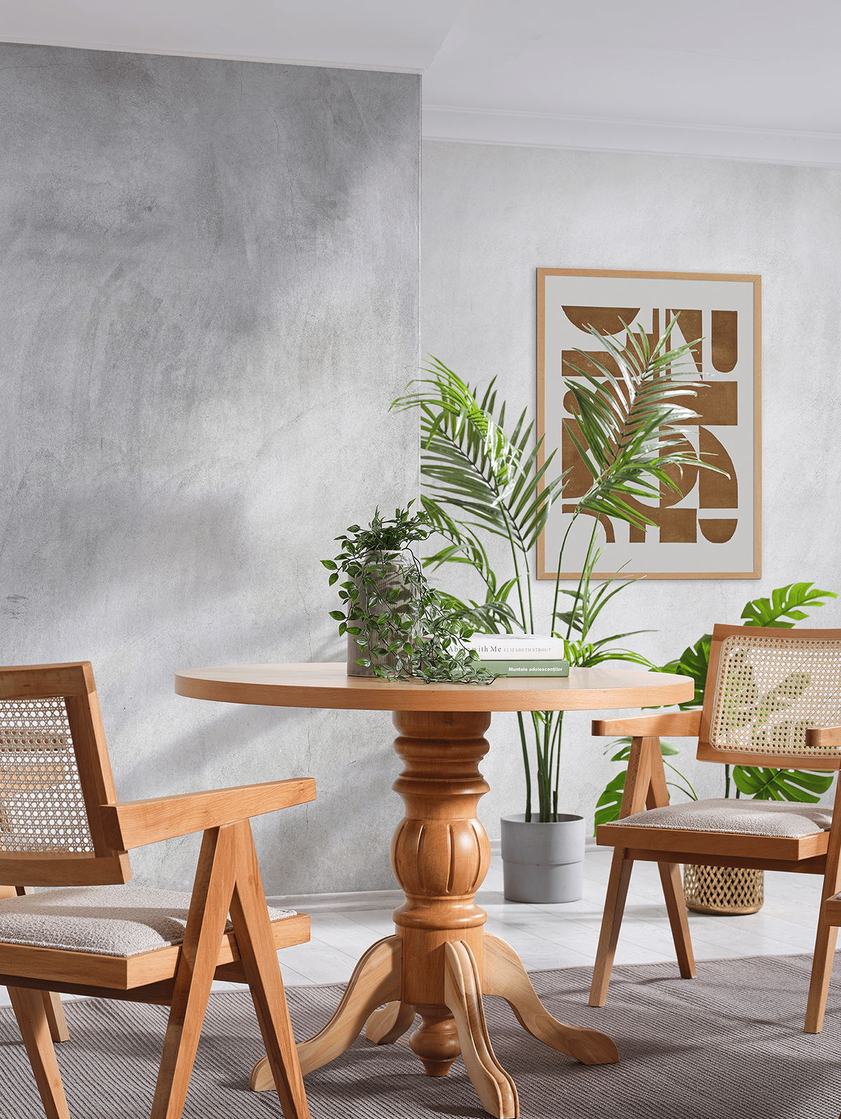 Bukle Naturel Renk Yuvarlak Ahşap Masa Takımı 90x90 Cm - 4 Naturel Renk Hazeranlı Kolçaklı Sandalye Bohem & İskandinav Şık Tasarım