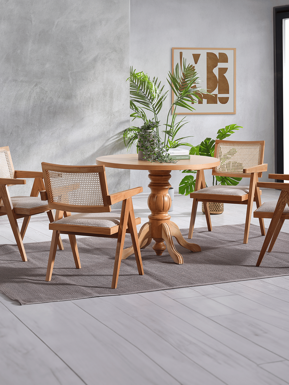 Bukle Naturel Renk Yuvarlak Ahşap Masa Takımı 90x90 Cm - 4 Naturel Renk Hazeranlı Kolçaklı Sandalye Bohem & İskandinav Şık Tasarım