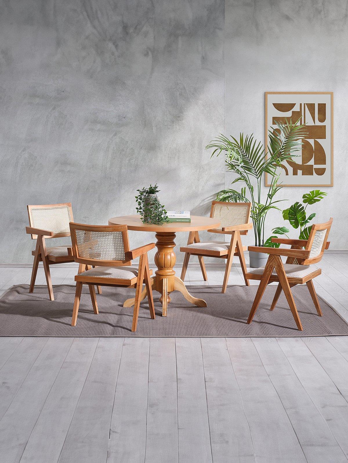 Bukle Naturel Renk Yuvarlak Ahşap Masa Takımı 90x90 Cm - 4 Naturel Renk Hazeranlı Kolçaklı Sandalye Bohem & İskandinav Şık Tasarım