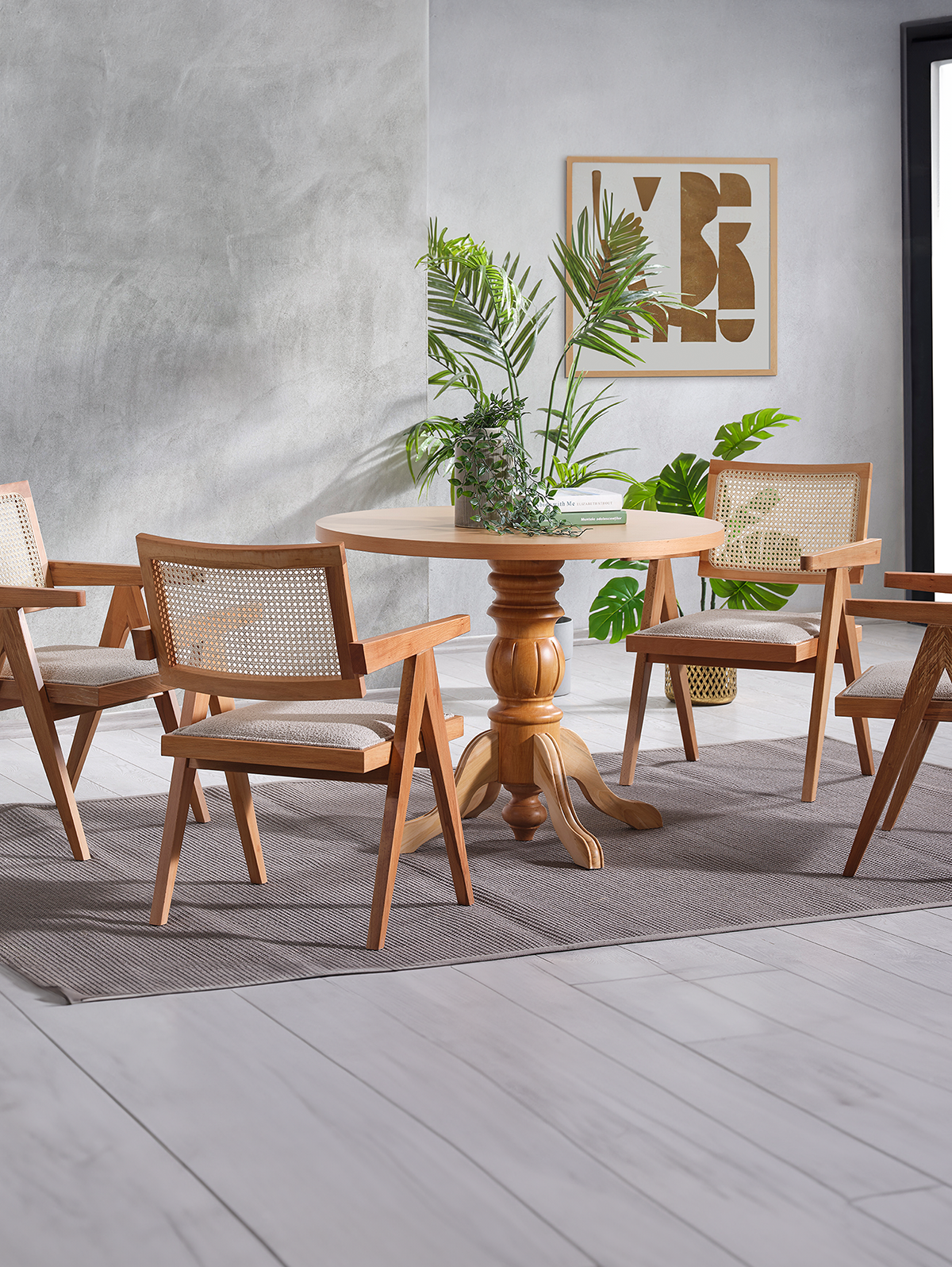 Bukle Naturel Renk Yuvarlak Ahşap Masa Takımı 100x100 Cm - 4 Naturel Renk Hazeranlı Kolçaklı Sandalye Bohem & İskandinav Şık Tasarım