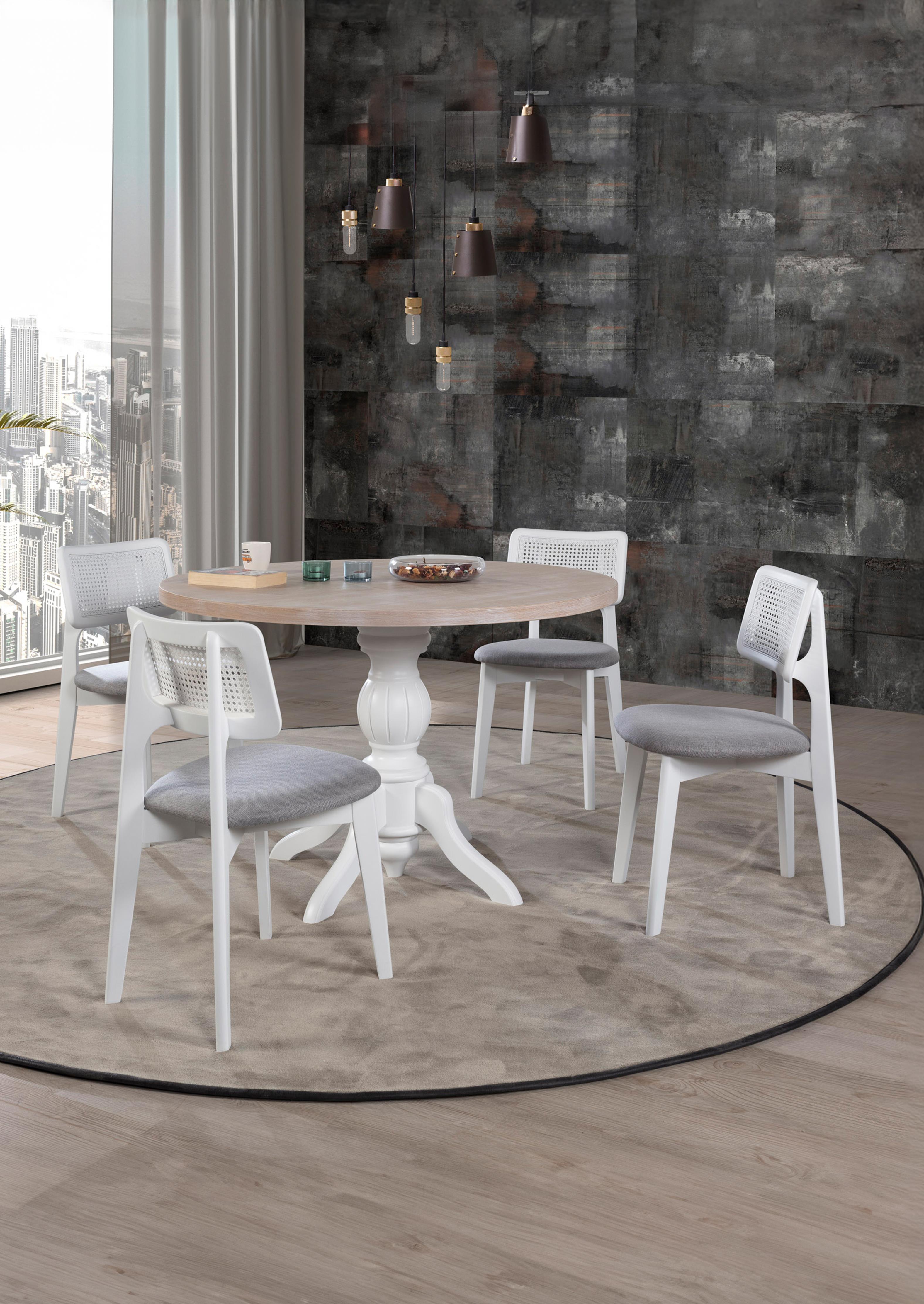 Elegant Doğal Ahşap Beyaz Ayak Yuvarlak Masa Takımı- 4 Doğal Ahşap Beyaz Hazaranlı Sandalye Modern Şık Tasarım