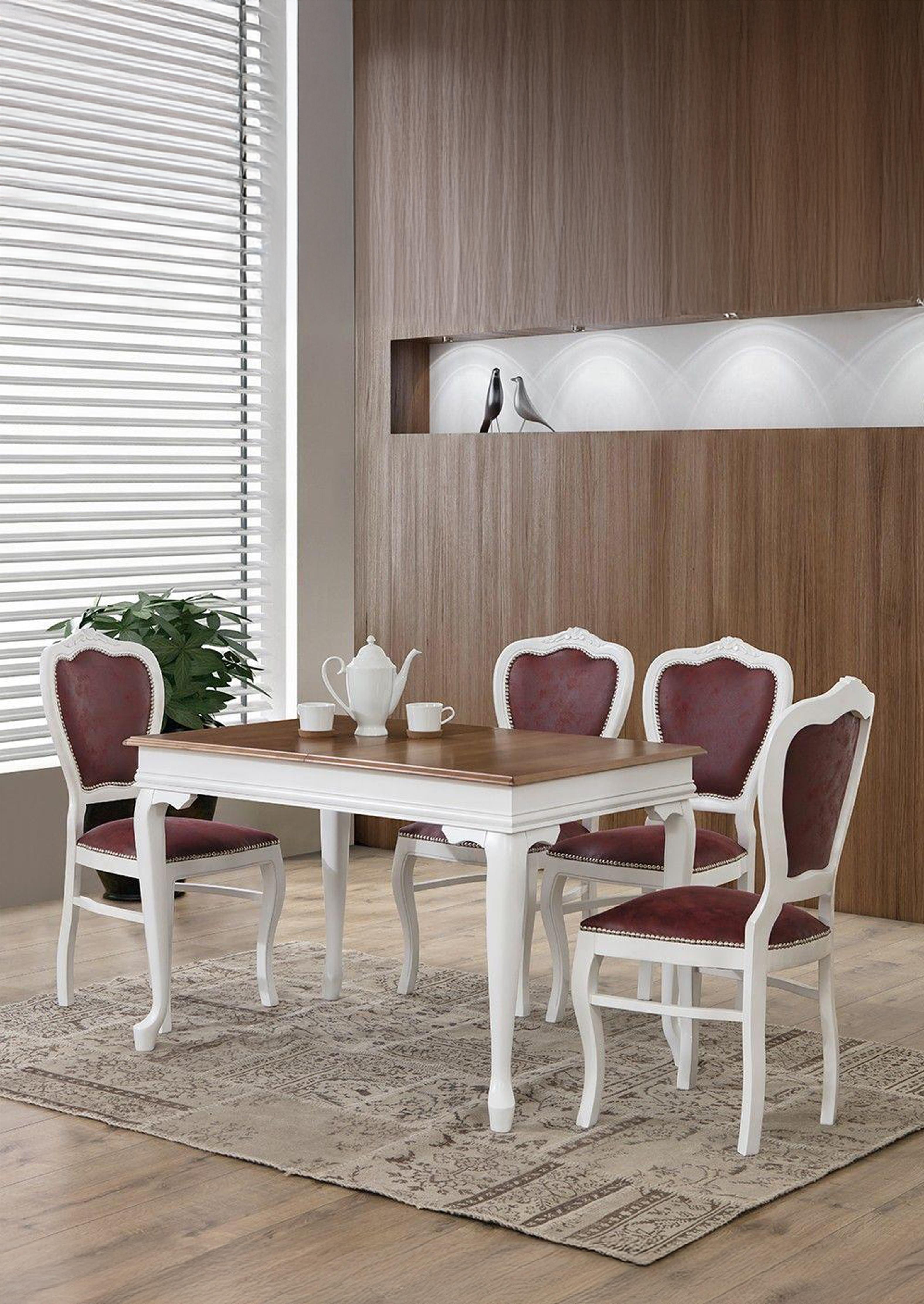 Elegante Doğal Tabla Beyaz Ayak Dikdörtgen Açılır Masa Takımı 120x80 cm - 4 Doğal Ahşap Beyaz Renk Sandalye Modern Şık Tasarım