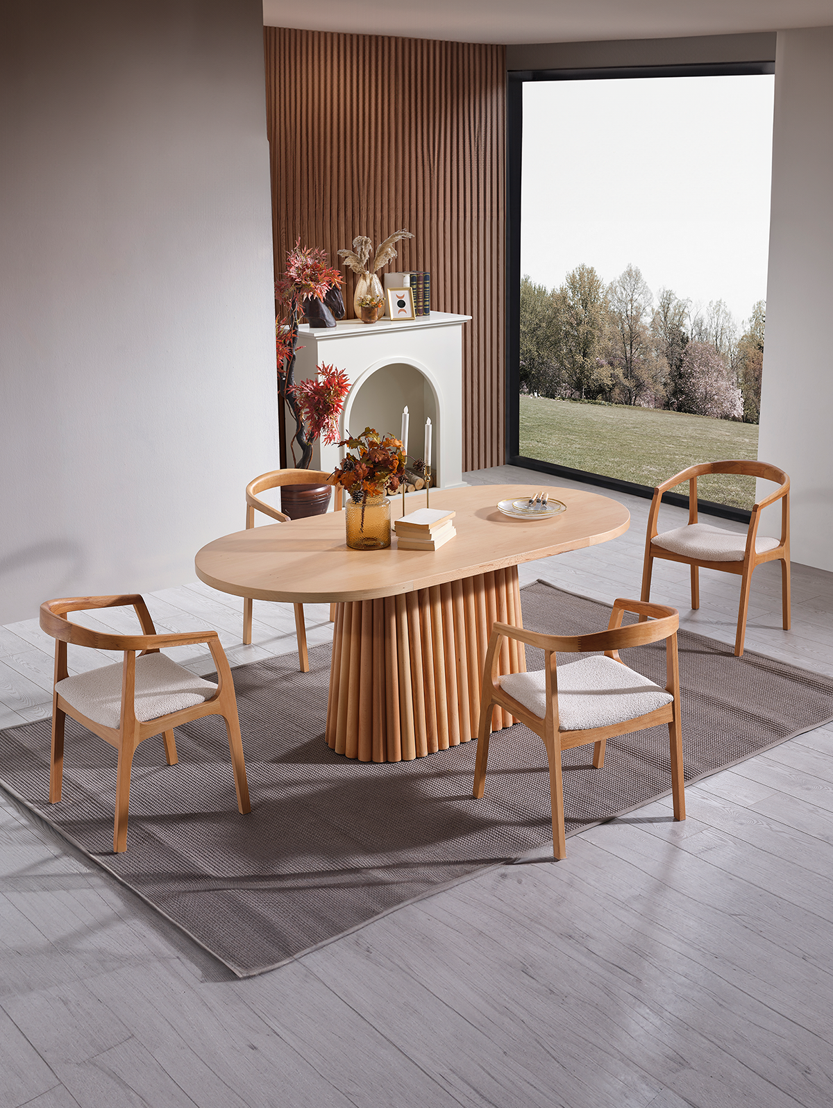 Elizya Naturel Renk Oval Ahşap Masa Takımı 170x90 Cm - 4 Naturel Renk Kolçaklı Sandalye Bohem & İskandinav Şık Tasarım