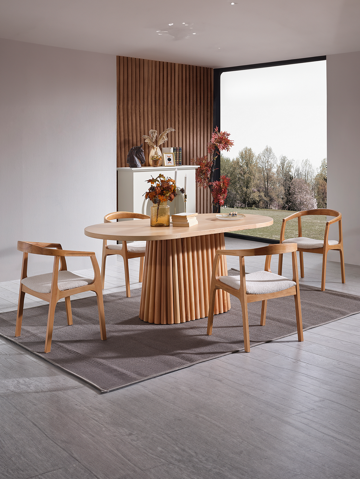 Elizya Naturel Renk Oval Ahşap Masa Takımı 170x90 Cm - 4 Naturel Renk Kolçaklı Sandalye Bohem & İskandinav Şık Tasarım