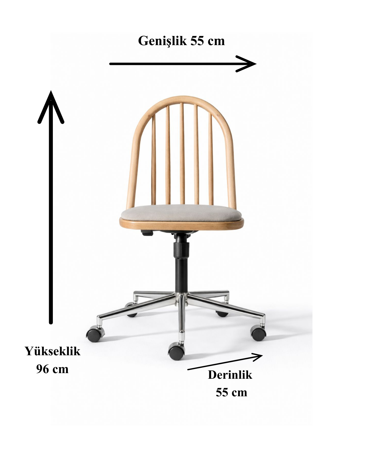 Esperenza Doğal Ahşap Naturel Renk Kadife Kumaş Döner Çalışma Sandalyesi 55x55x96 Cm - Modern & Şık Tasarım