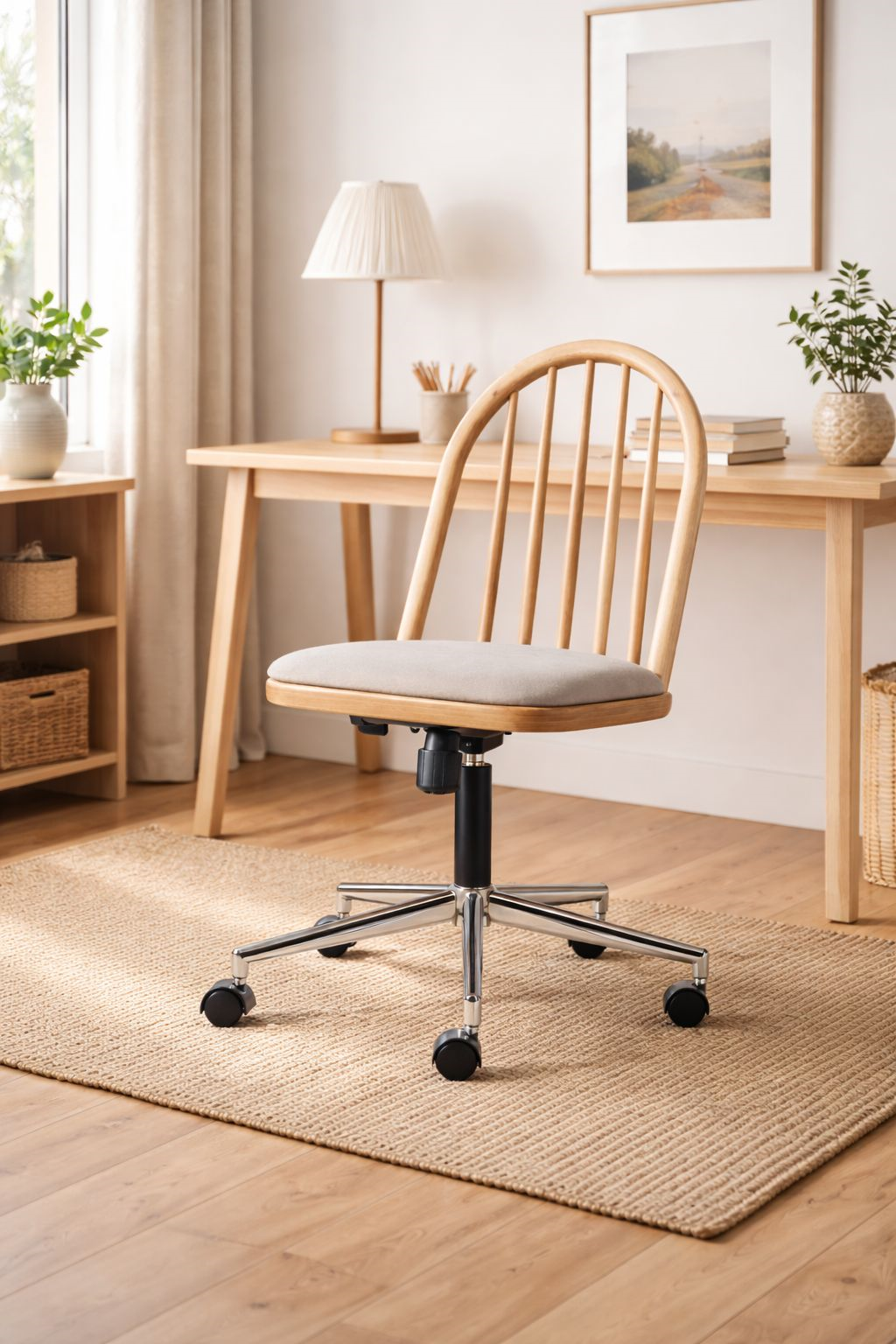 Esperenza Doğal Ahşap Naturel Renk Kadife Kumaş Döner Çalışma Sandalyesi 55x55x96 Cm - Modern & Şık Tasarım