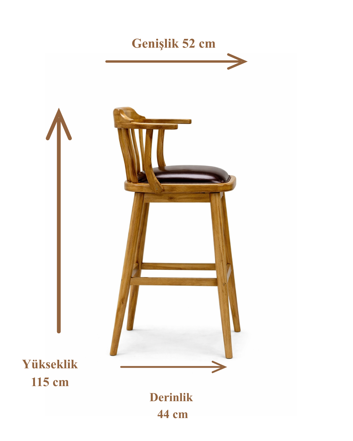 Felix Doğal Ahşap Döşemeli Ceviz Kolçaklı Bar Sandalye El İşçiliği Klasik Tarz
