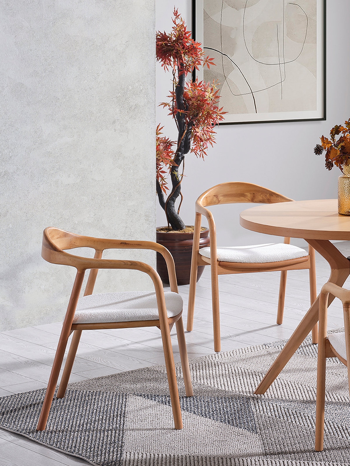 Florya Naturel Renk Yuvarlak Ahşap Masa Takımı 100x100 Cm - 4 Naturel Renk Sandalye Bohem & İskandinav Şık Tasarım