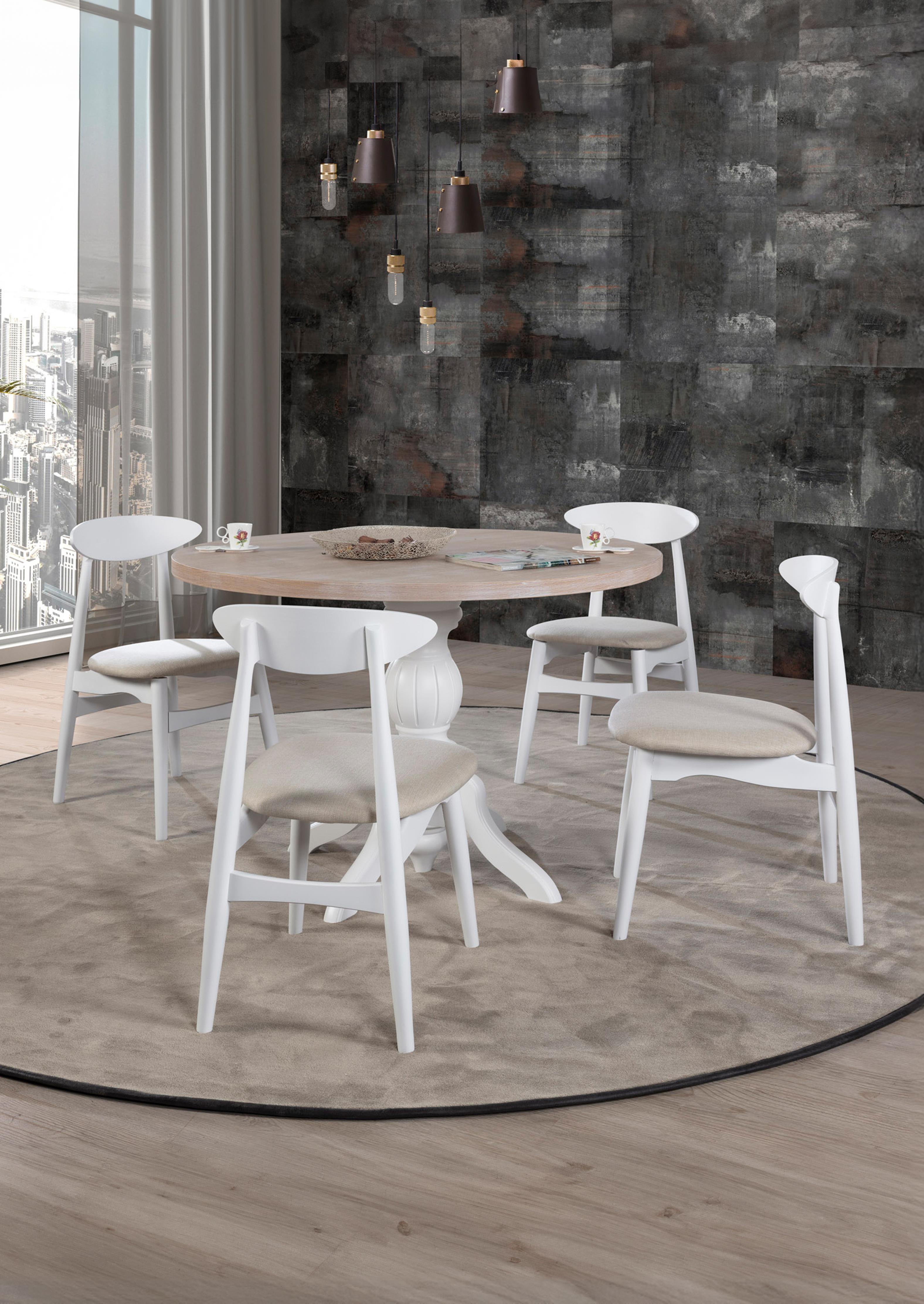 İnci Doğal Ahşap Beyaz Ayak Yuvarlak Masa Takımı 100x100 cm - 4 Doğal Ahşap Sandalye Modern Şık Tasarım