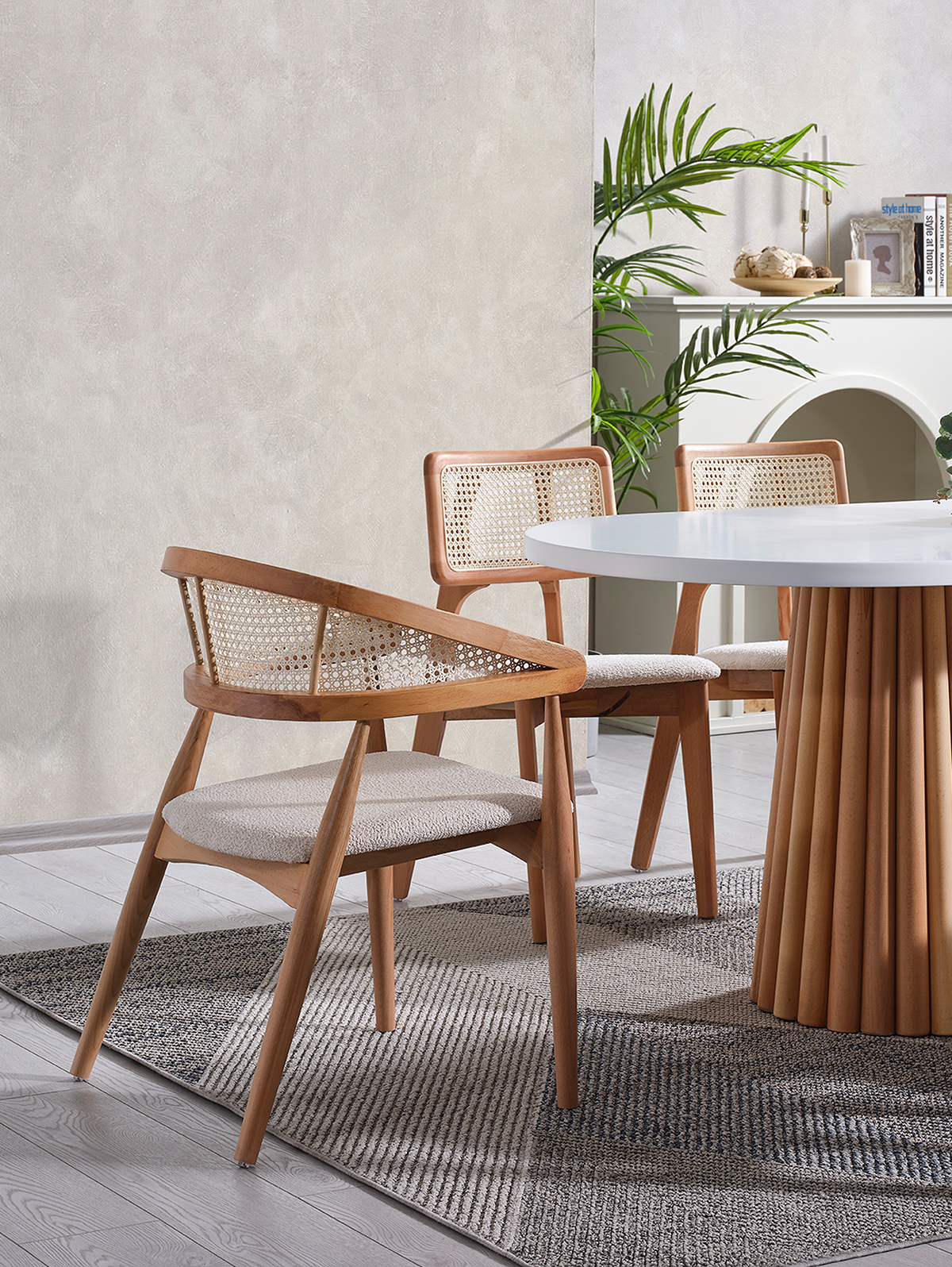 Jakarta Beyaz Tabla Naturel Ayak Oval Ahşap Masa Takımı 170x90 Cm - 6 Sandalyeli Doğal Hazeranlı İskandinav Şık Tasarım