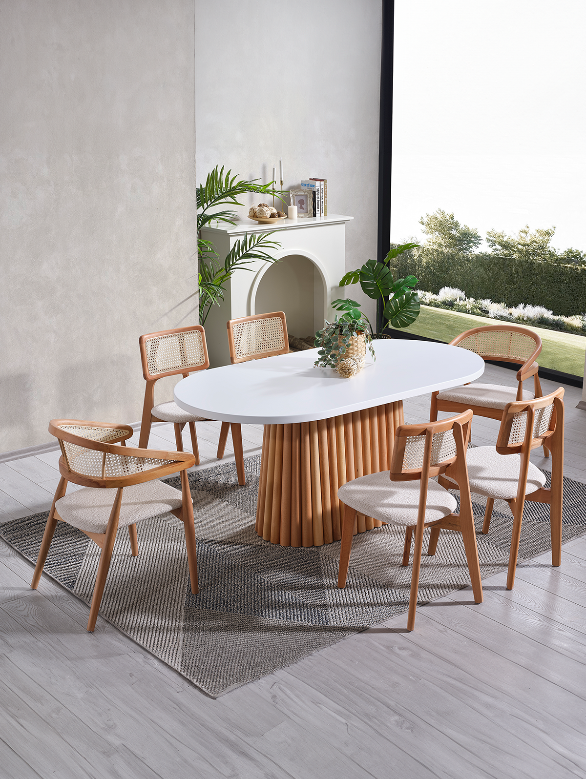 Jakarta Beyaz Tabla Naturel Ayak Oval Ahşap Masa Takımı 170x90 Cm - 6 Sandalyeli Doğal Hazeranlı İskandinav Şık Tasarım