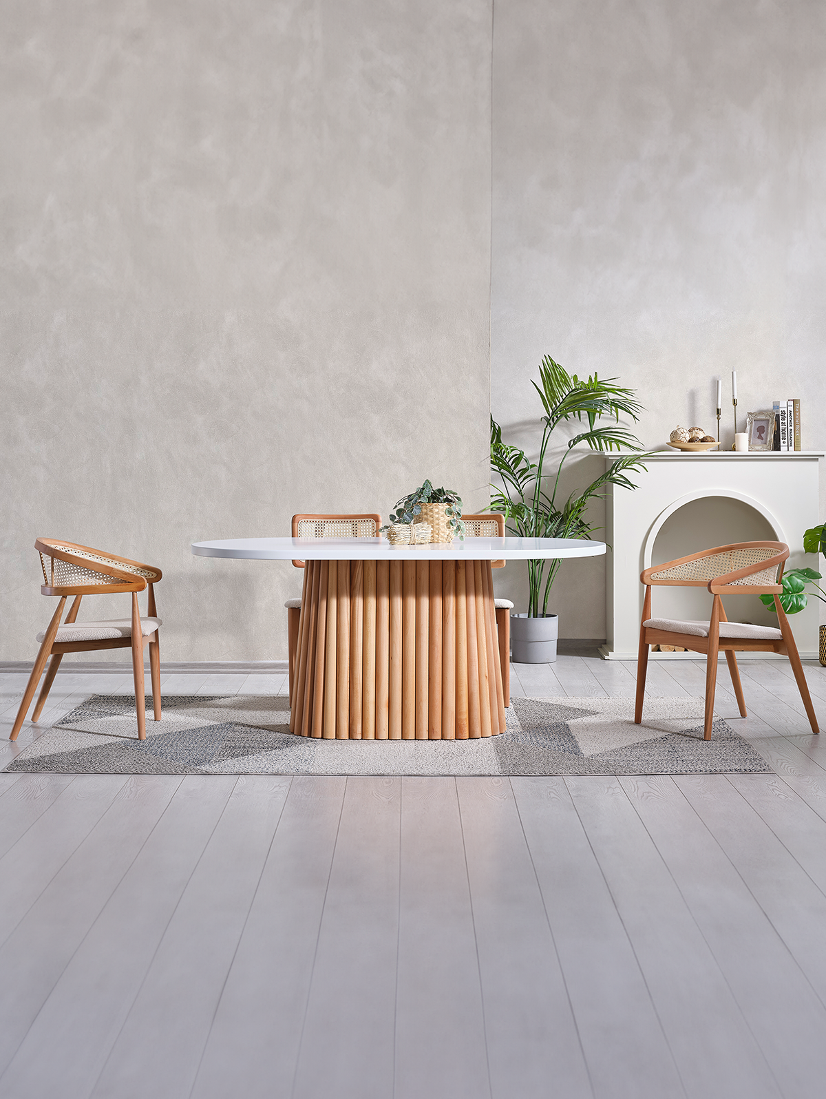 Jakarta Beyaz Tabla Naturel Ayak Oval Ahşap Masa Takımı 170x90 Cm - 6 Sandalyeli Doğal Hazeranlı İskandinav Şık Tasarım