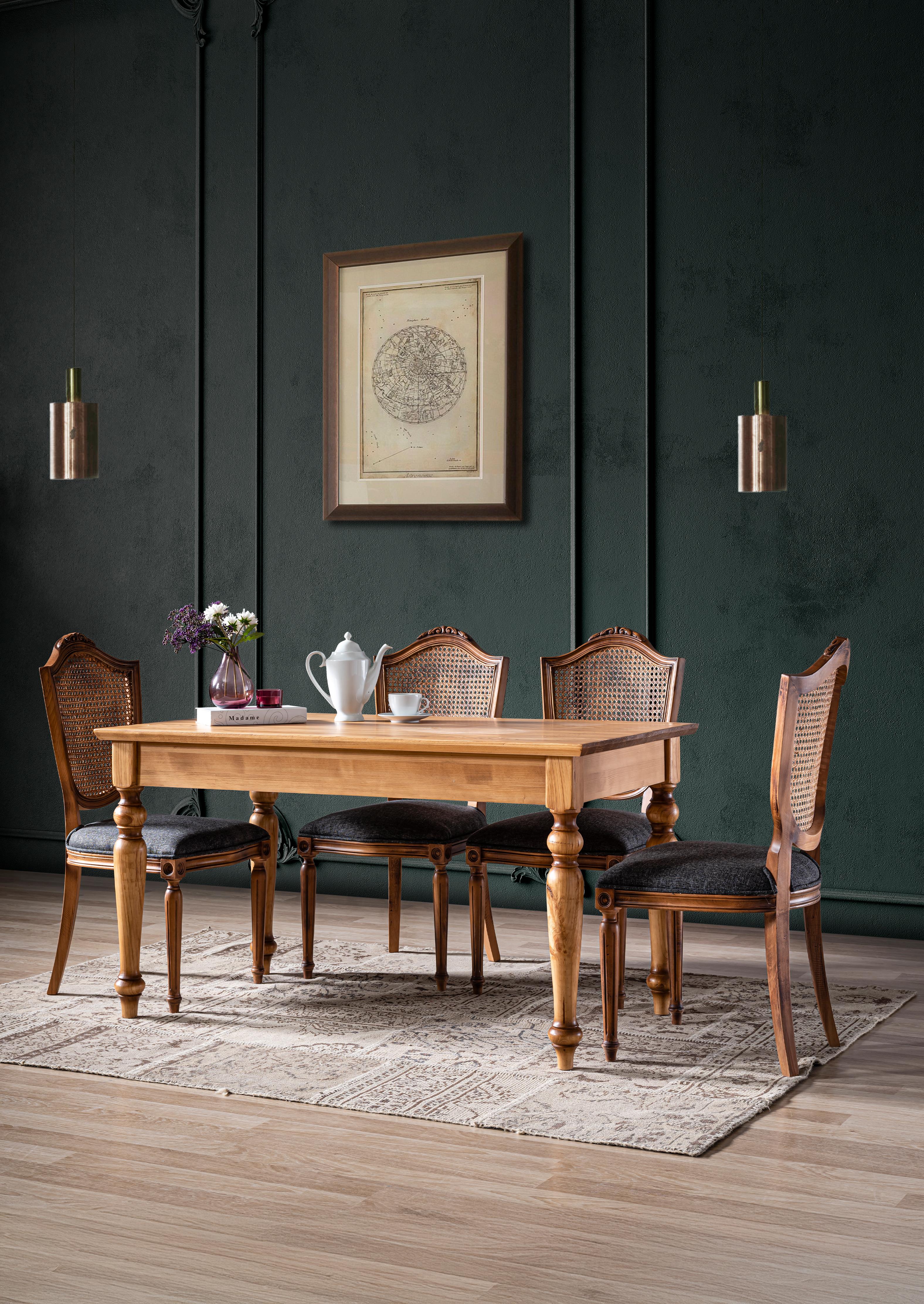 Jardin Doğal Ahşap Torna Ayak Dikdörtgen Masa Takımı 140x80 cm - 4 Doğal Ahşap Hazeranlı Sandalye Modern Şık Tasarım