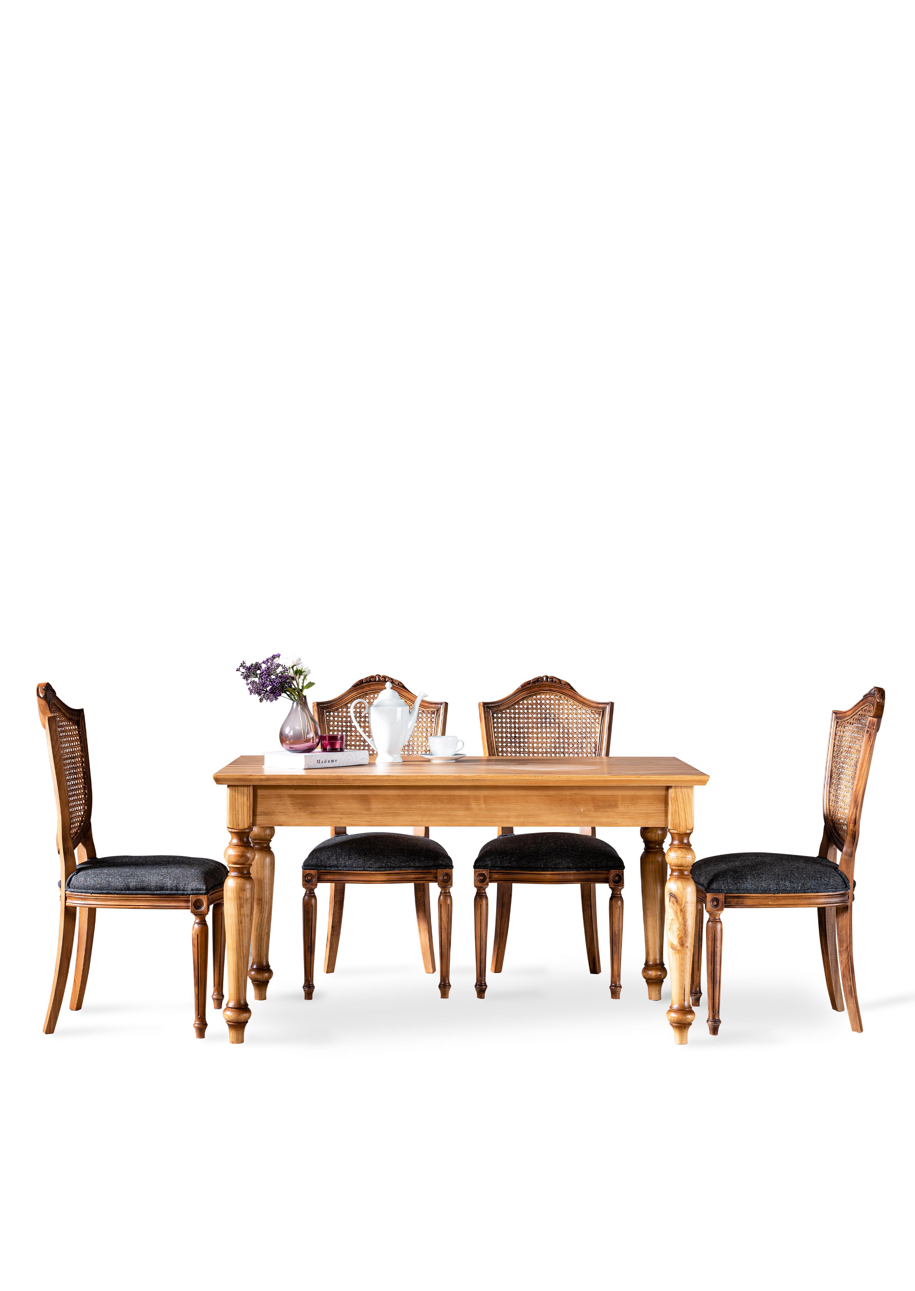 Jardin Doğal Ahşap Torna Ayak Dikdörtgen Masa Takımı 140x80 cm - 4 Doğal Ahşap Hazeranlı Sandalye Modern Şık Tasarım