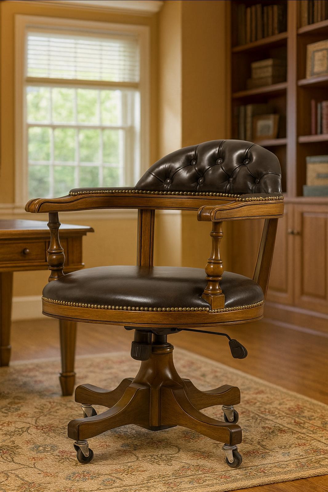 Kapitone Çalışma Sandalyesi – Kayın Ağacı İskelet | Parlak Ceviz Renk | Tam Kolçak | Amortisörlü | Tekerlekli