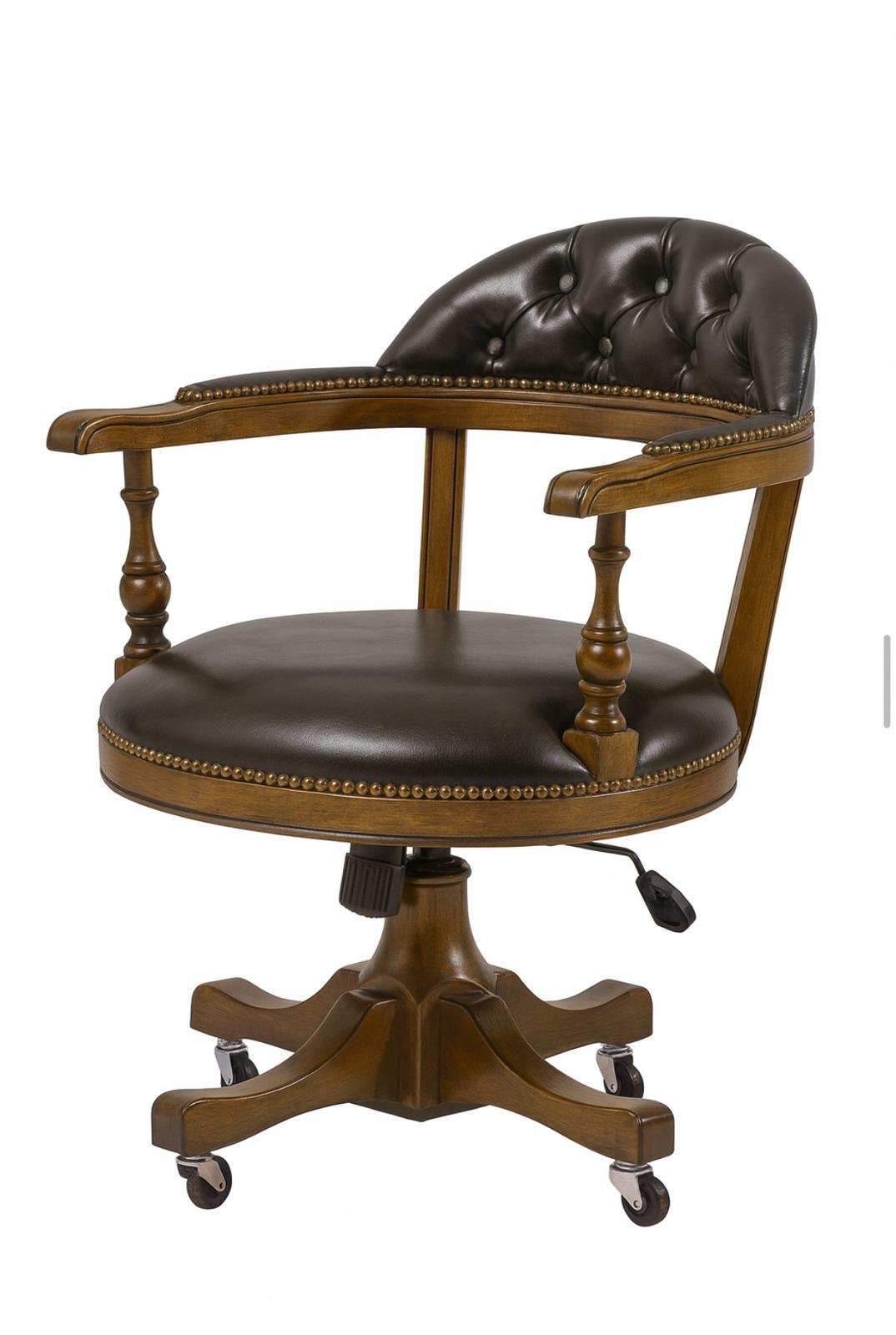 Kapitone Çalışma Sandalyesi – Kayın Ağacı İskelet | Parlak Ceviz Renk | Tam Kolçak | Amortisörlü | Tekerlekli