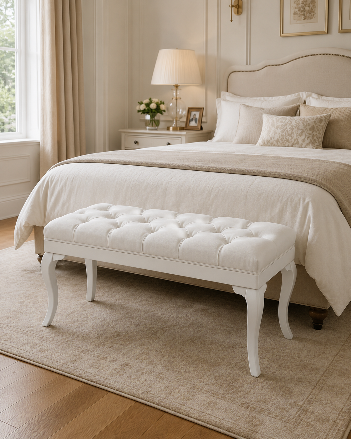 Klasik Kapitoneli Puf Bench 122x42 cm – Beyaz