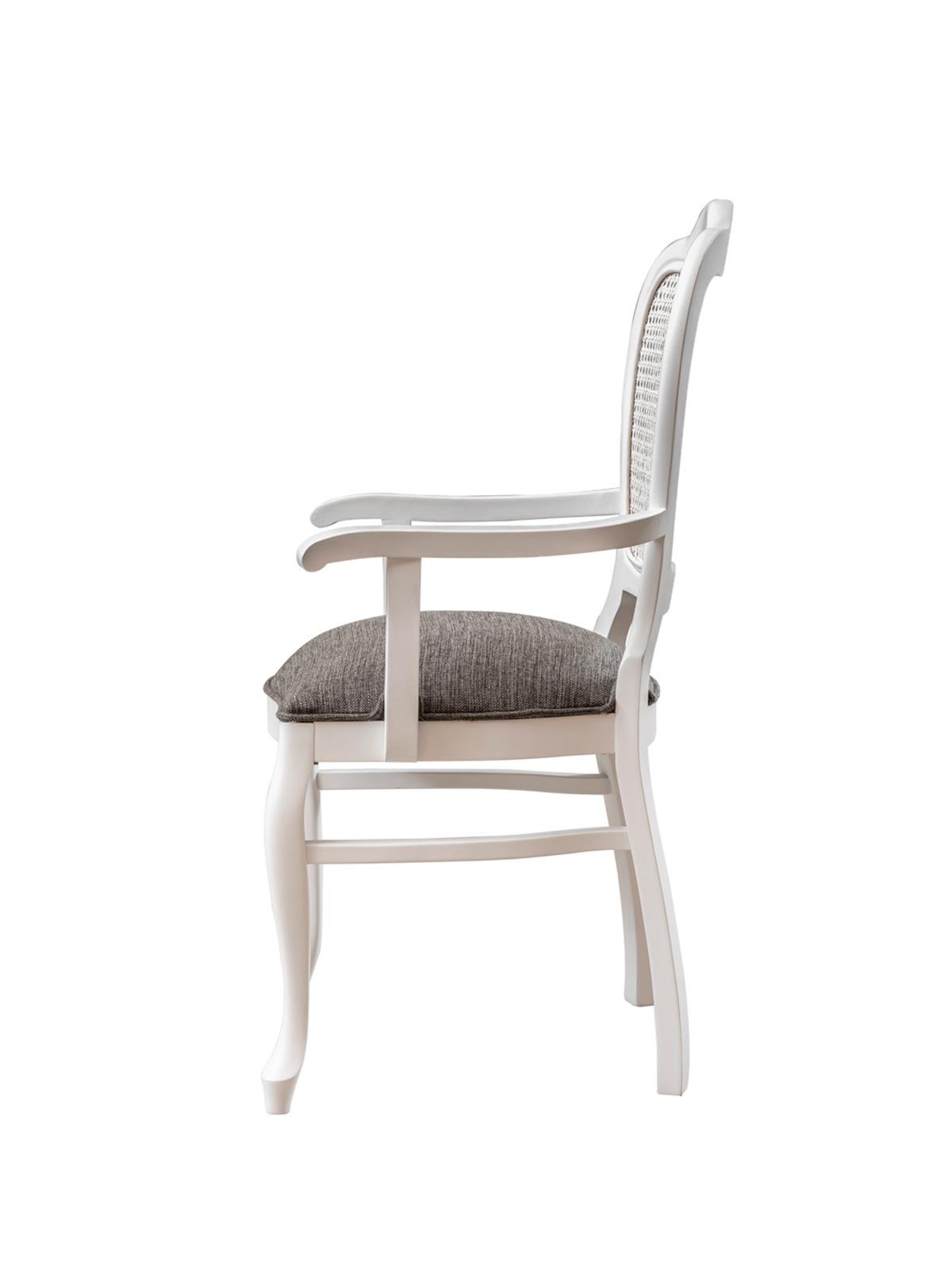 Leman Doğal Ahşap Kayın Beyaz Renk Hazeranlı Kolçaklı Sandalye Detaylı İşçilik Modern Şık Tasarım