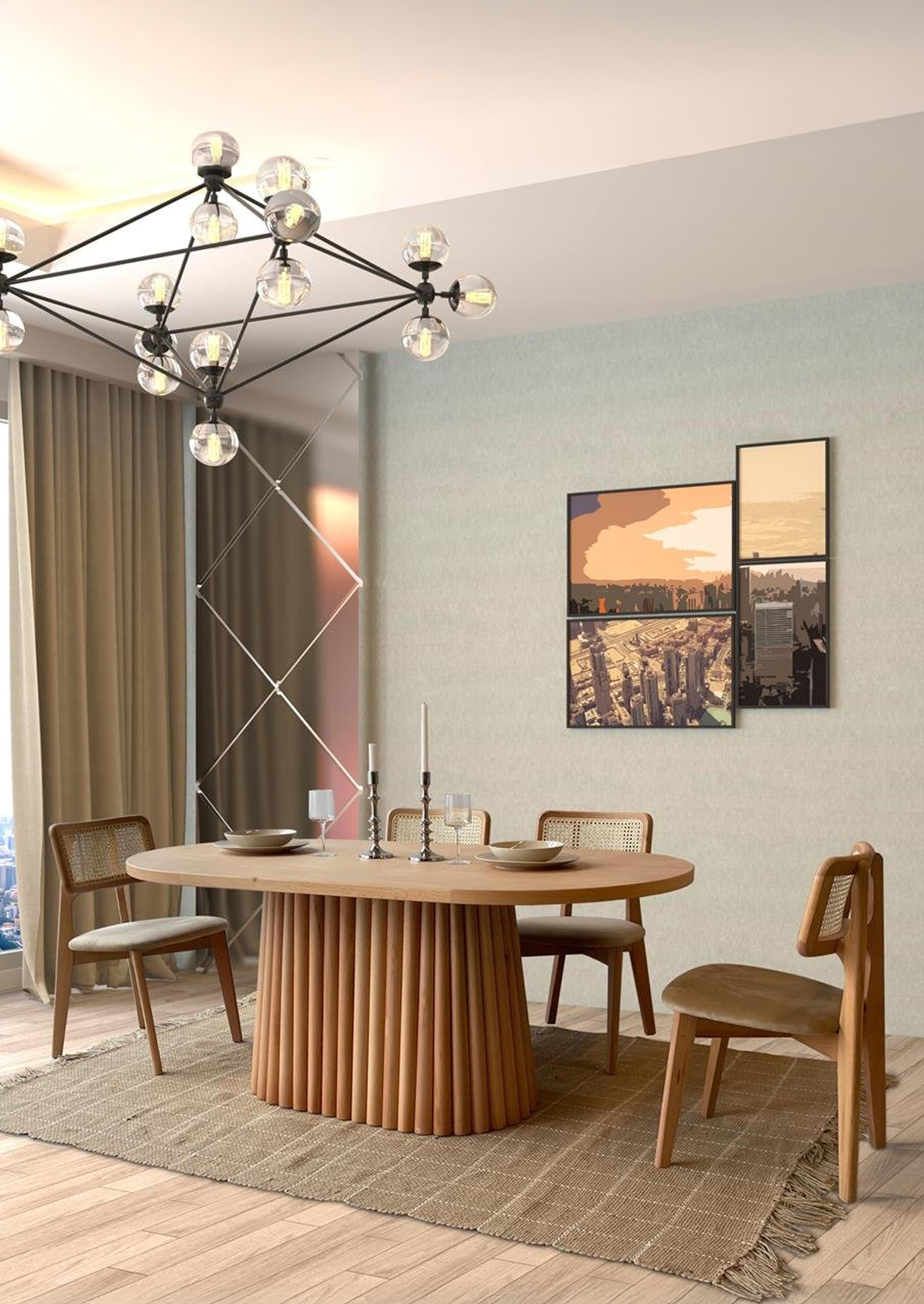 Lizbon Doğal Ahşap Oval Masa Takımı 170x90 cm - 4 Doğal Ahşap Naturel Hazeranlı Sandalye Modern Şık Tasarım