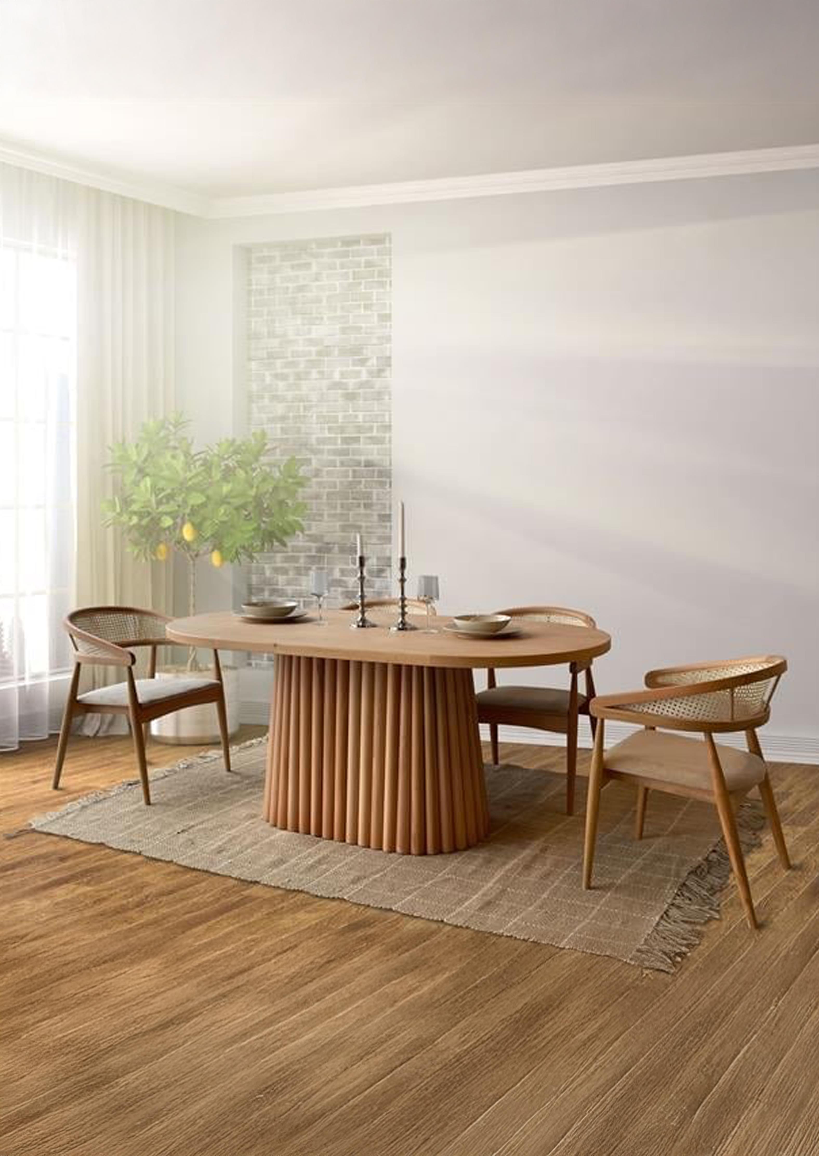 Maison Doğal Ahşap Oval Masa Takımı 170x90 cm - 4 Doğal Ahşap Naturel Hazeranlı Sandalye Modern Şık Tasarım