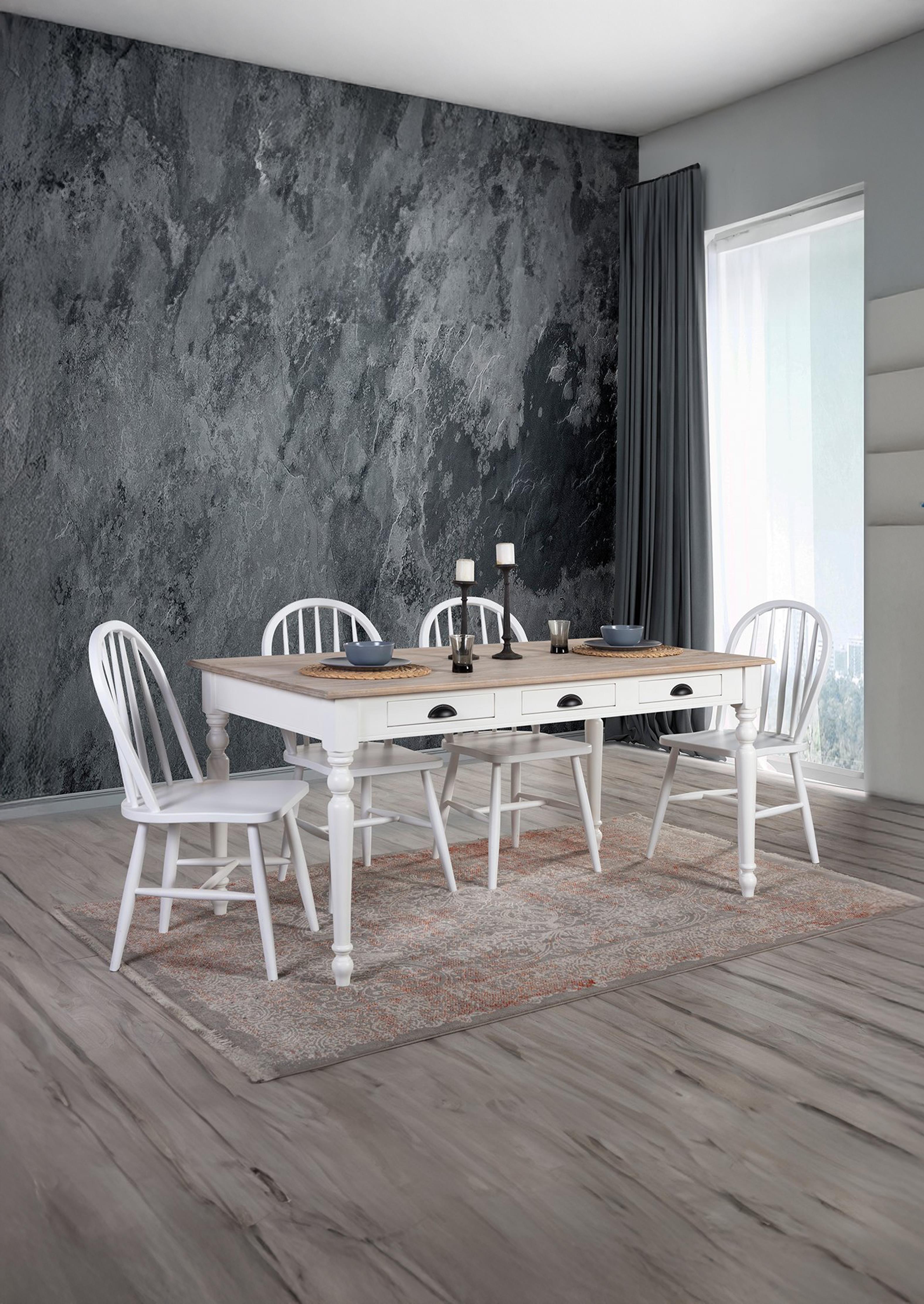 Miranda Doğal Ahşap Torna Ayak 3 Çekmeceli Dikdörtgen Masa Takımı 170x80 cm - 4 Doğal Ahşap Beyaz Renk Sandalye Modern Şık Tasarım