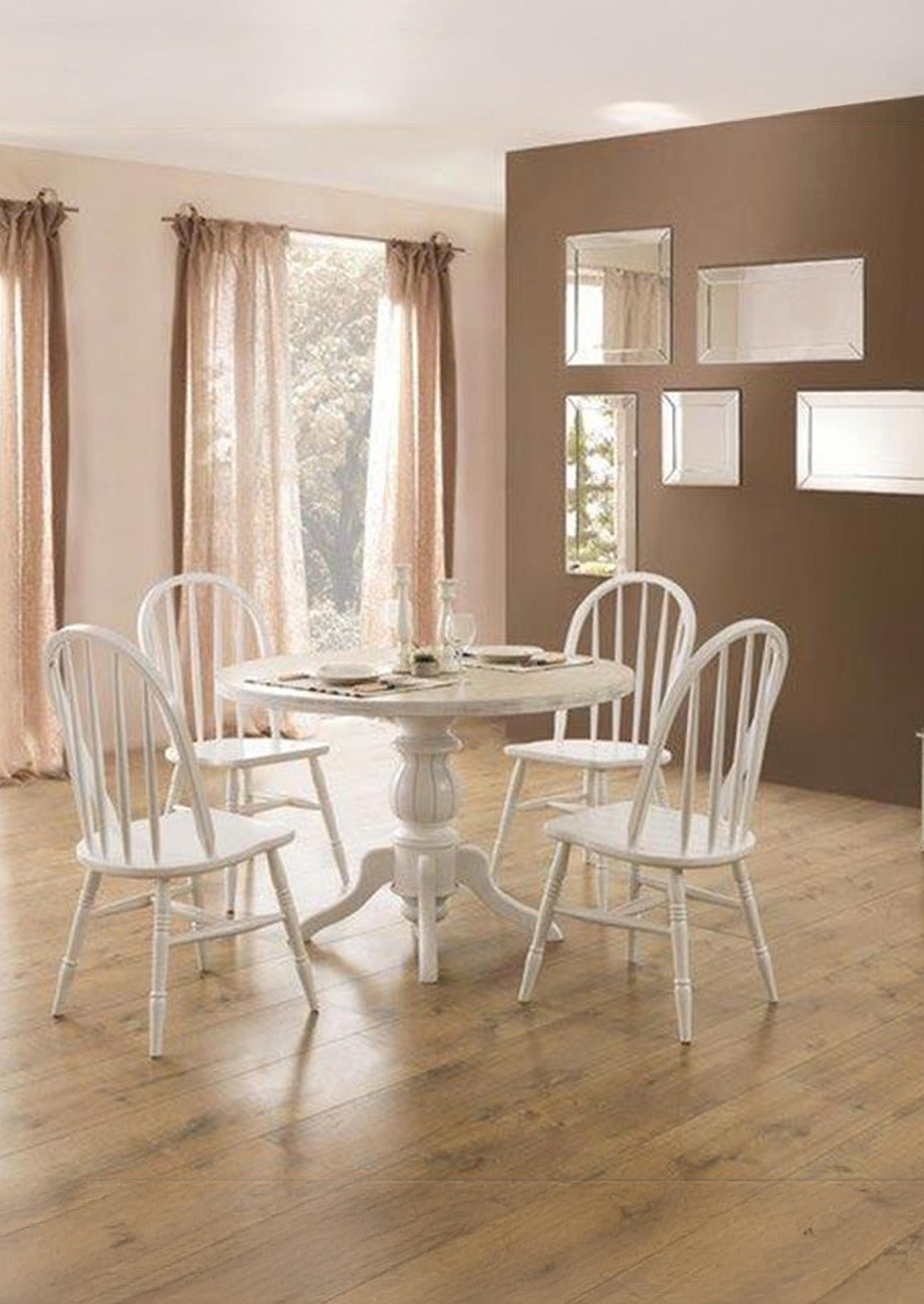 Mirella Doğal Ahşap Beyaz Renk Yuvarlak Masa Takımı 120x120 cm - 4 Doğal Ahşap Sandalye Modern Şık Tasarım