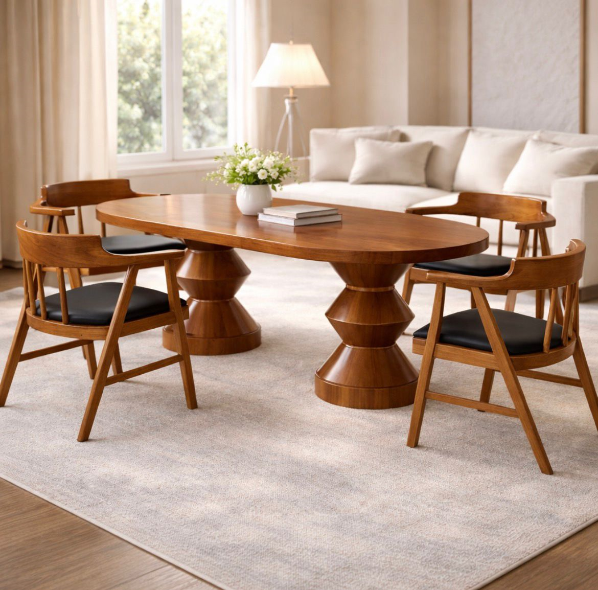 Mısır Oval 4 Sandalyeli Masa Takımı | Masif Ayaklı Ahşap Yemek Masası