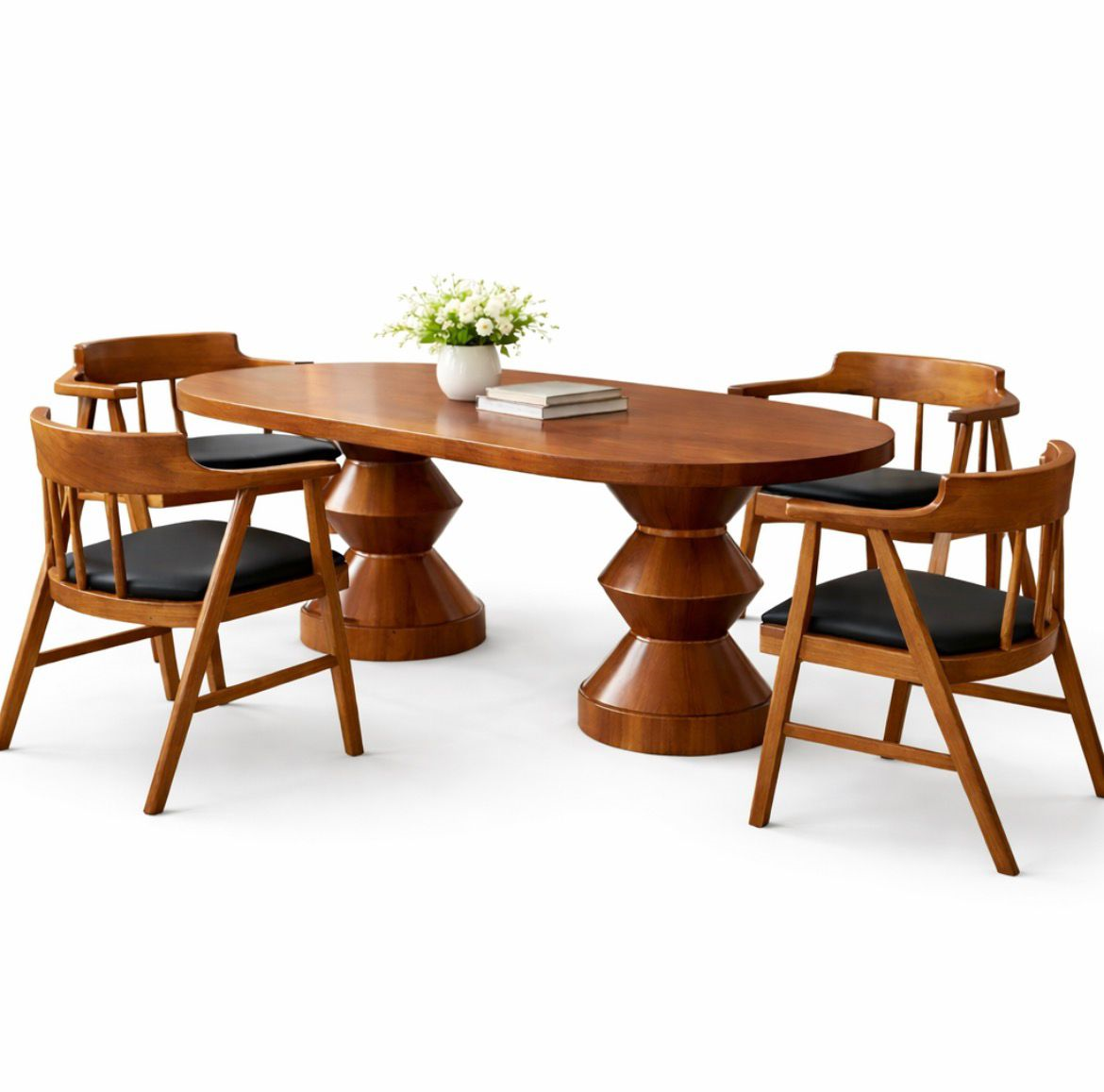 Mısır Oval 4 Sandalyeli Masa Takımı | Masif Ayaklı Ahşap Yemek Masası