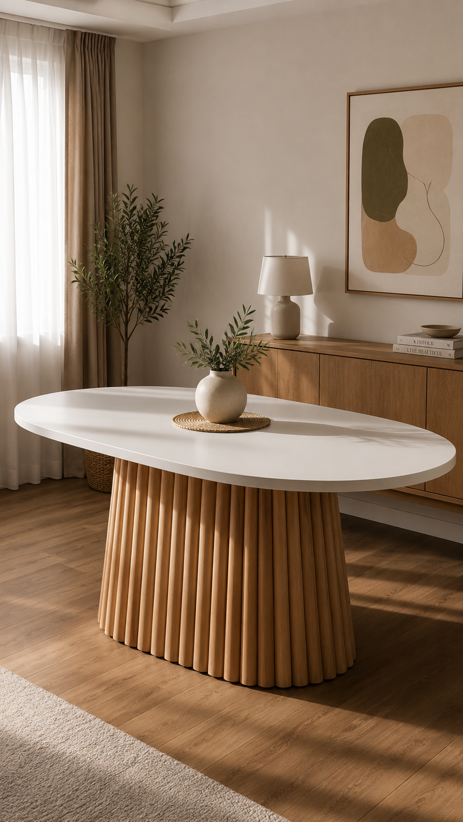 Montreal Doğal Ahşap Beyaz Tabla Naturel Ayak Oval Masa 170x90 Cm - Bohem & İskandinav Tarz