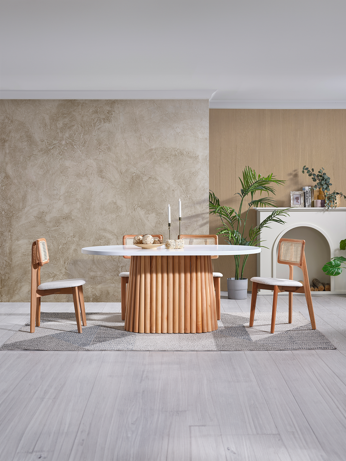 Montreal Beyaz Tabla Naturel Ayak Oval Ahşap Masa Takımı 170x90 Cm - 6 Sandalyeli Doğal Hazeranlı İskandinav Şık Tasarım