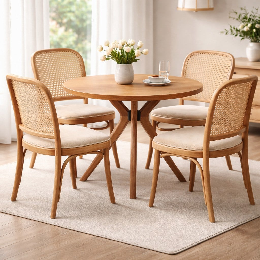 Naturel Ahşap Yuvarlak Masa Takımı – 4lü Hazeran Thonet Sandalye | Kayın Ağaç