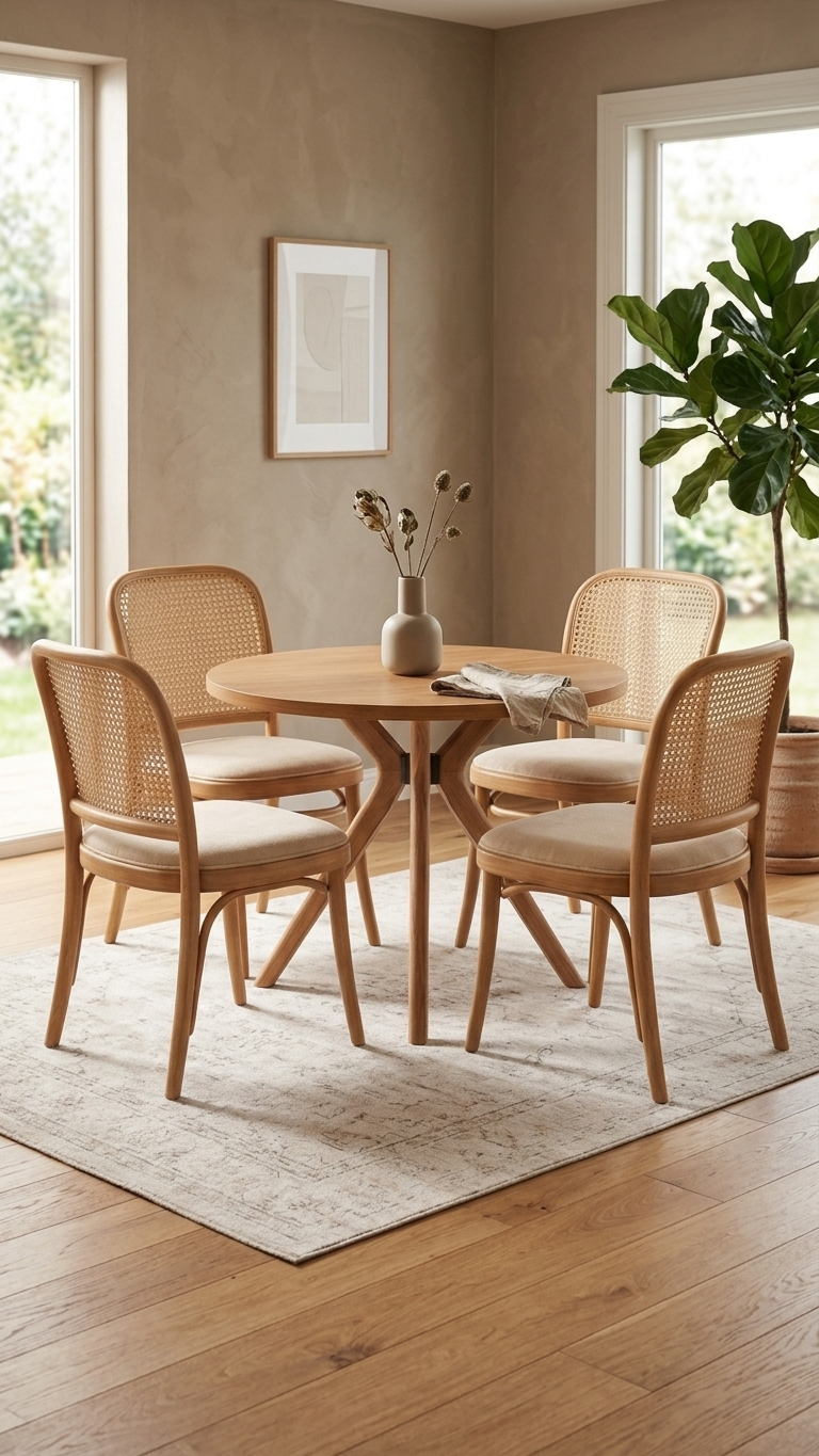 Naturel Ahşap Yuvarlak Masa Takımı – 4lü Hazeran Thonet Sandalye | Kayın Ağaç