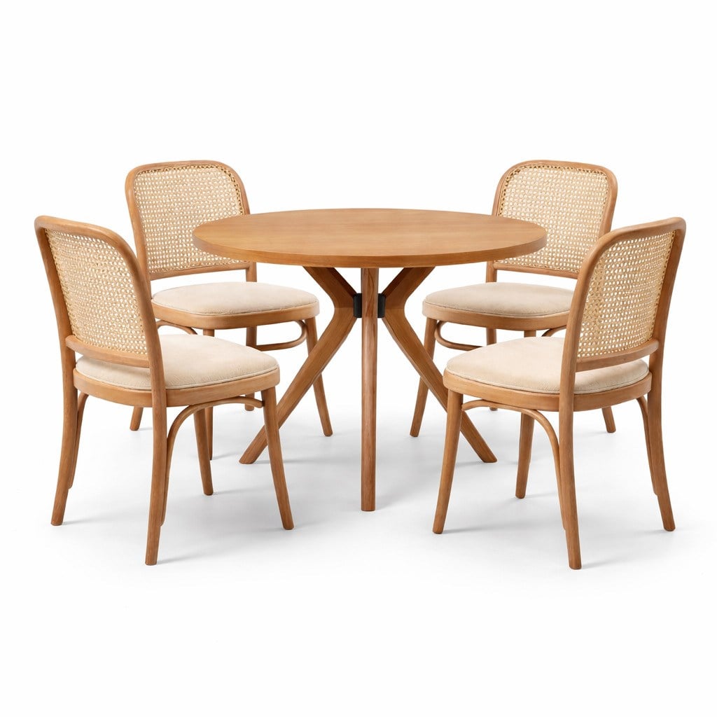 Naturel Ahşap Yuvarlak Masa Takımı – 4lü Hazeran Thonet Sandalye | Kayın Ağaç