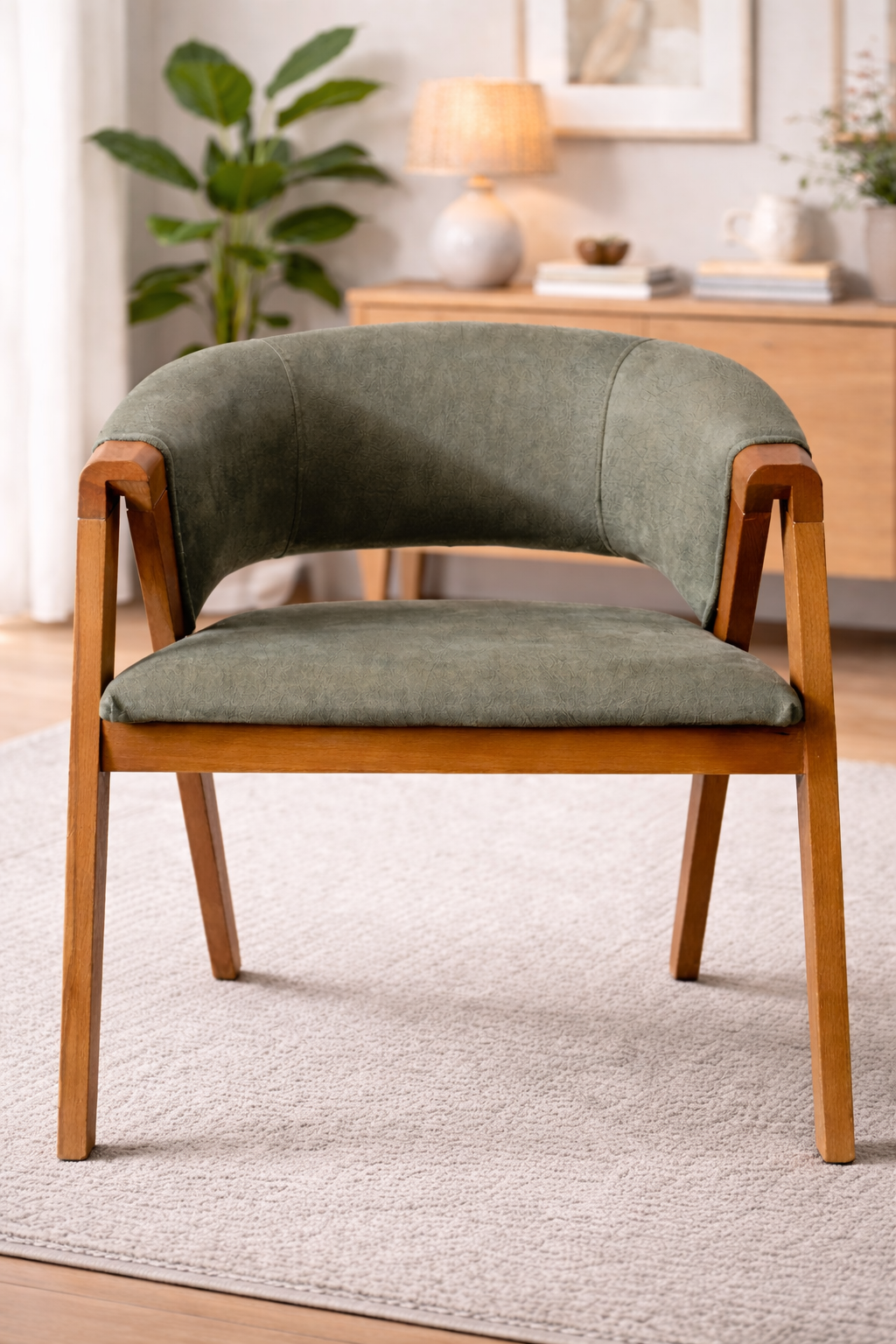 Nebat Doğal Kayın Ahşap Naturen Renk Haki Döşemeli Sandalye Detaylı İşçilik Modern Şık Tasarım